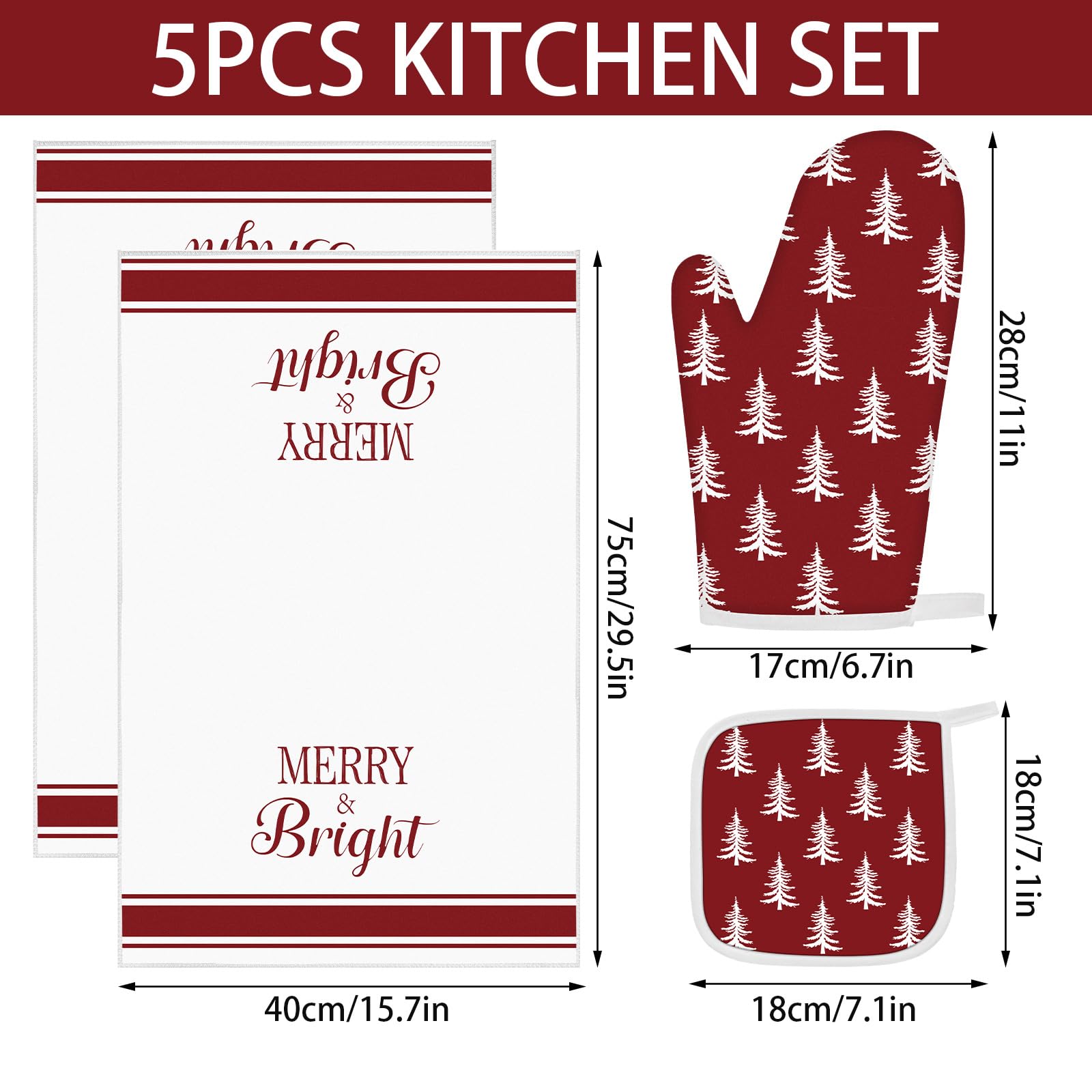 5-Piece Neutral Christmas Kitchen Towels, Oven Mitts & Pot Holder Set - Modern Holiday Decor for Farmhouse Kitchens - Xmas Tree Design - Perfect for Baking, Cooking & Festive Home Decor (Red)