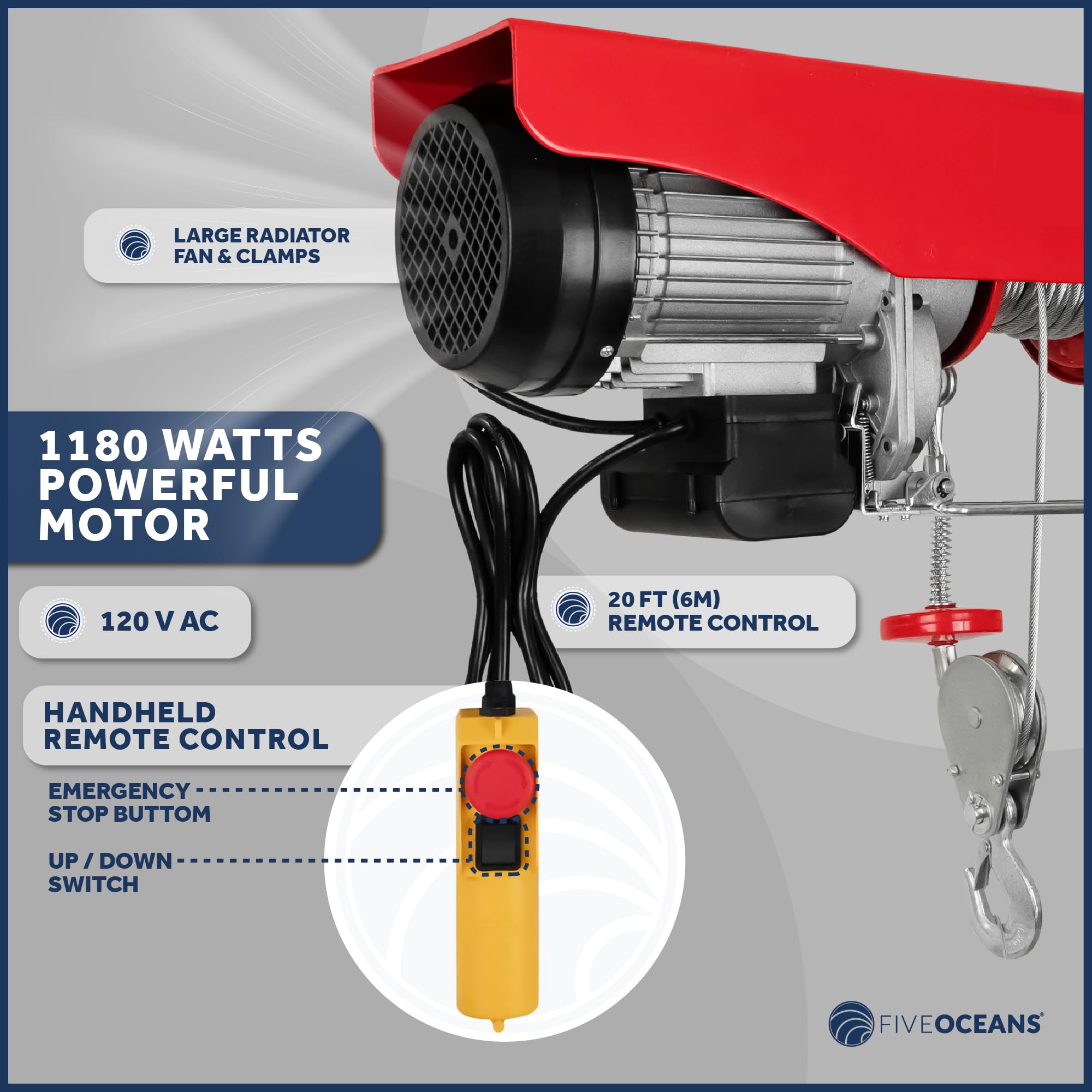 Five Oceans FO4016-C1 1320 Lbs Electric Overhead Hoist Lift Crane - Heavy Duty Garage Ceiling Pulley Winch with Zinc-Plated Steel Wire & 20FT Remote Control - Includes Working Gloves for Safe Lifting - Perfect for Garage, Workshop, and Industrial Use