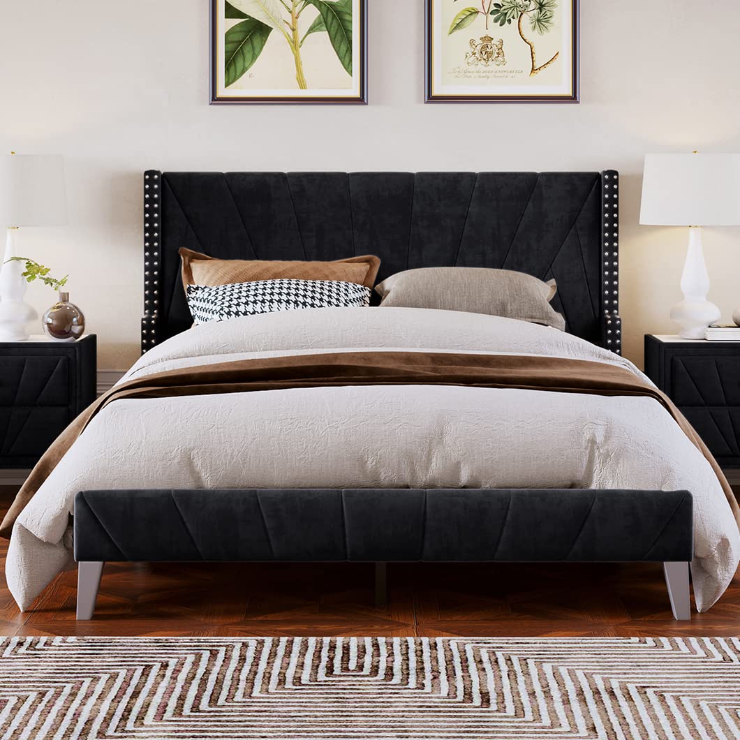 Velvet Upholstered Queen Size Bed Frame with Tufted Headboard - Wood Slat Support, No Box Spring Needed, Black Platform Bed for Modern Bedroom Decor | Perfect for Master Bedrooms, Guest Rooms & Apartment Living
