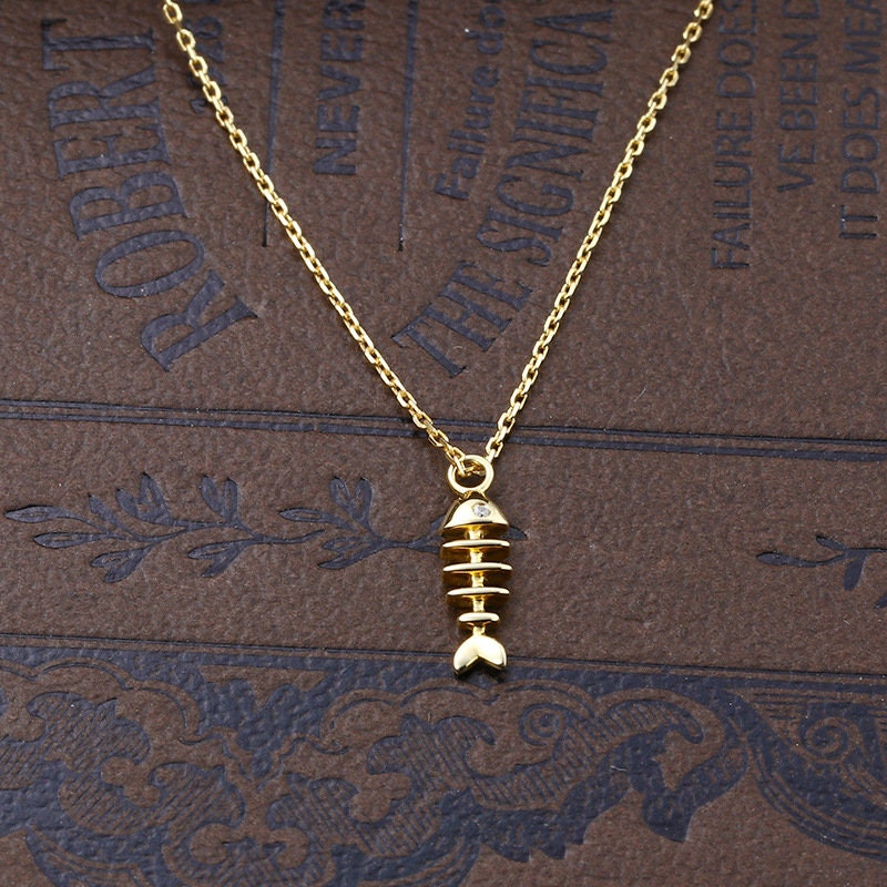 Dainty Fishbone Necklace - 9K/14K/18K Yellow Gold Fish Pendant Charm Necklace, Vintage Christian Jewelry Gift for Women - Perfect for Daily Wear, Parties & Special Occasions