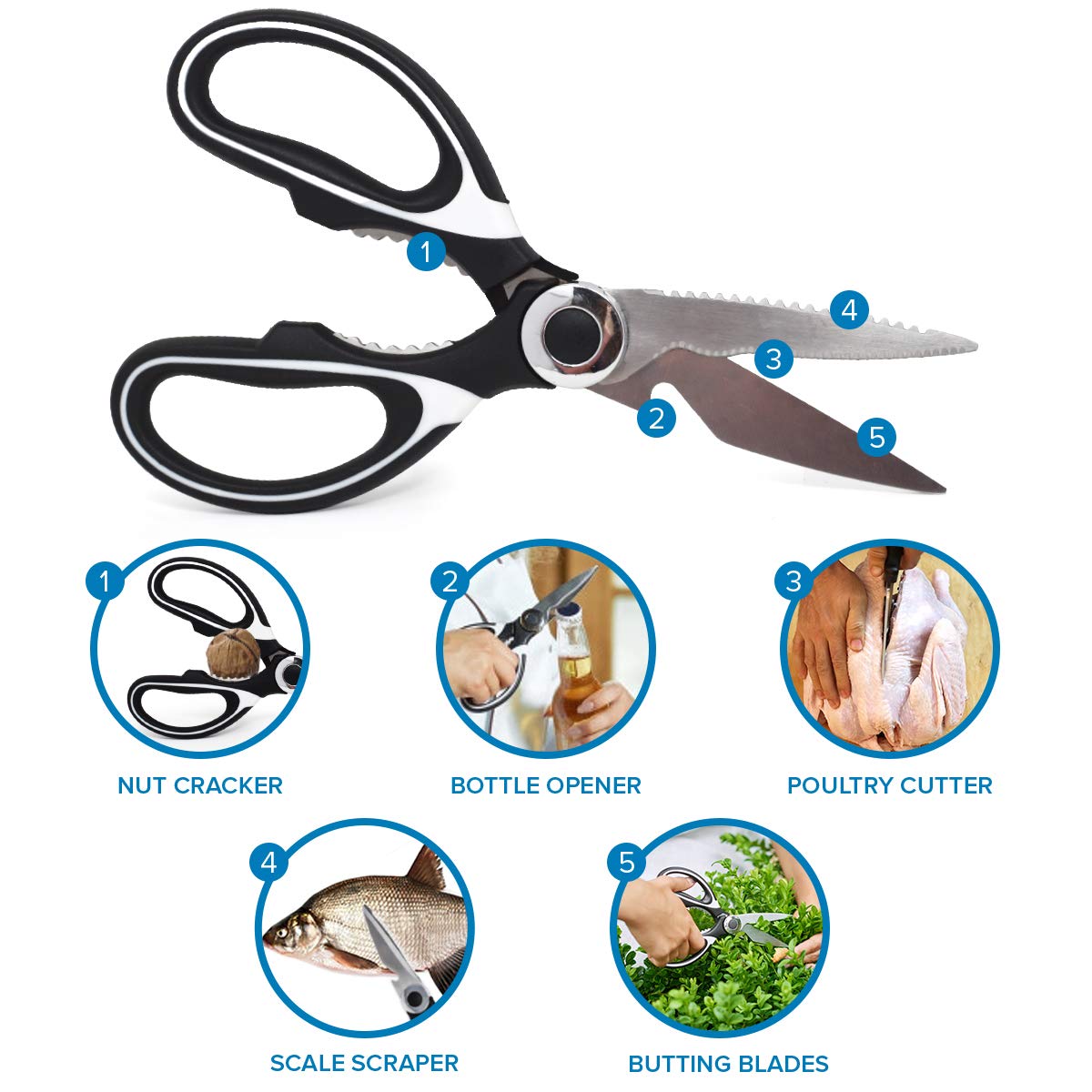 Joeji's Heavy Duty Kitchen Scissors - Meat, Vegetable & Pizza Shears for Tough Cutting Tasks - Perfect for Food Prep & Cooking