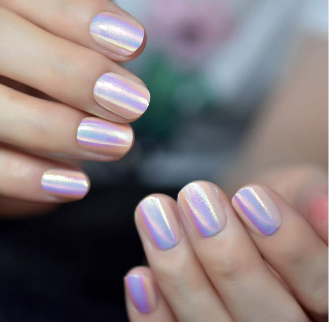 Iridescent Glitter Press On Nails - Short Round Fake Nails with Mirror Finish | Full Cover Acrylic Nail Tips for Manicure | Perfect for Students, Office Ladies & Salon Use | Great for Parties, Weddings & Daily Wear