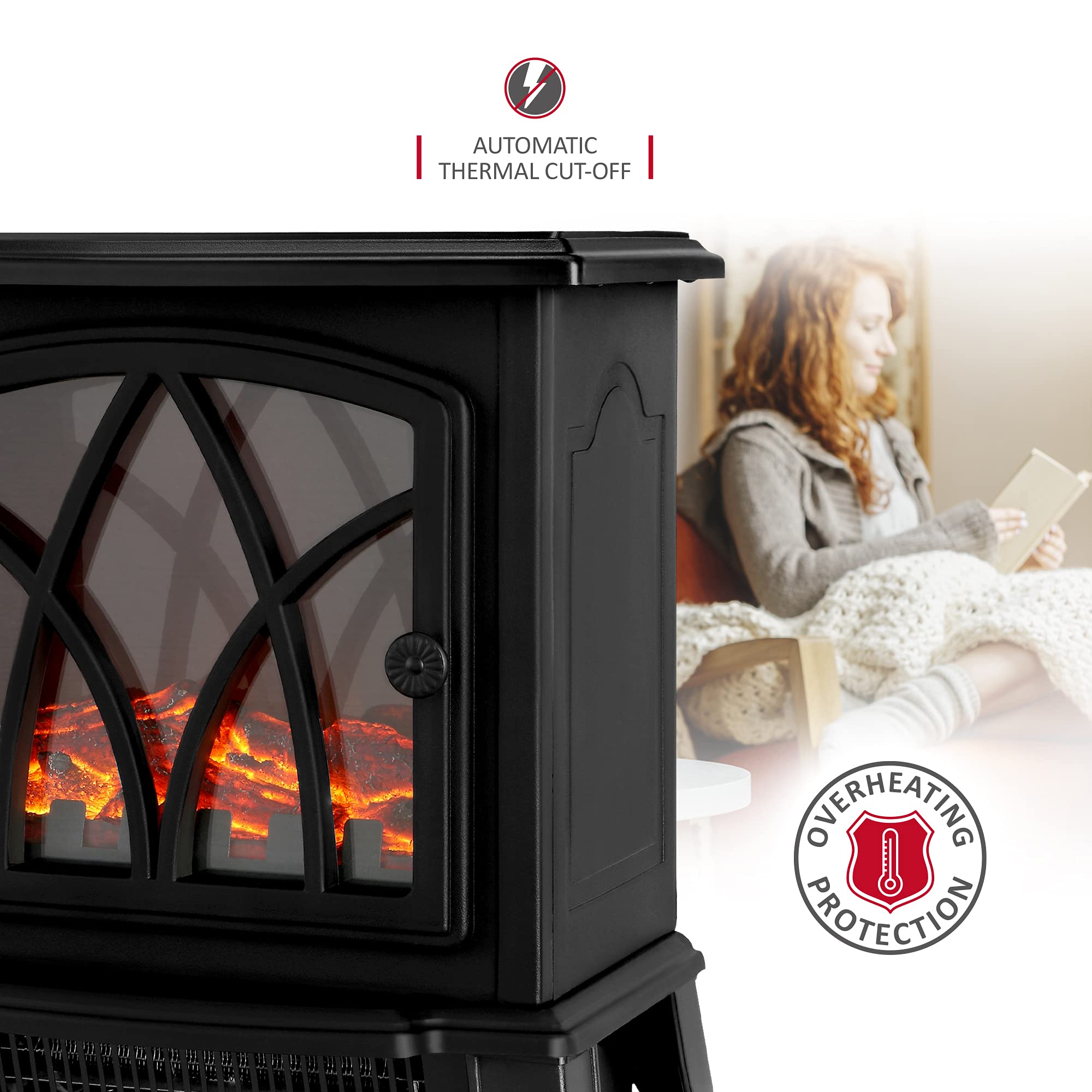 NETTA 2000W Electric Fireplace Stove Heater with Realistic Flame Effect - 2 Heat Settings, Adjustable Thermostat, Portable Freestanding Design - Black Wood Burner Style - Perfect for Living Rooms, Bedrooms & Home Decor