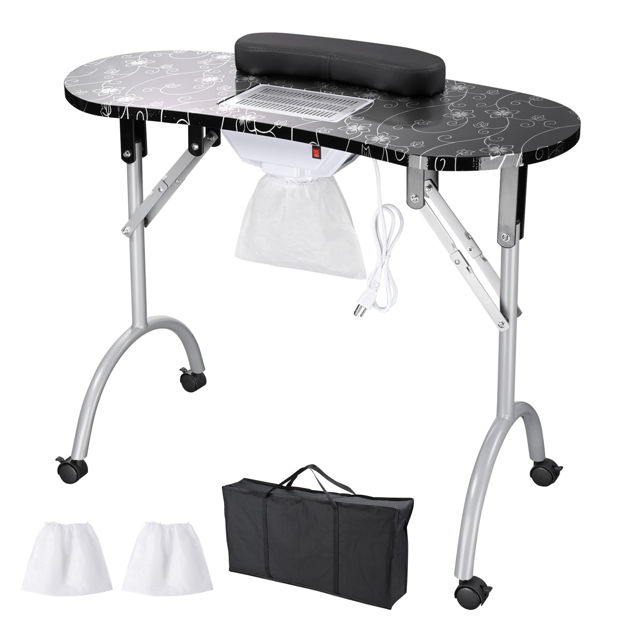 BYOOTIQUE Portable Folding Nail Table with Built-in Dust Collector & Lockable Wheels - Professional Manicure Station for Nail Techs, Tattoo Artists & Beauty Salons - Includes Carry Bag - Perfect for Spa, Home Salon & Mobile Nail Services (Black)