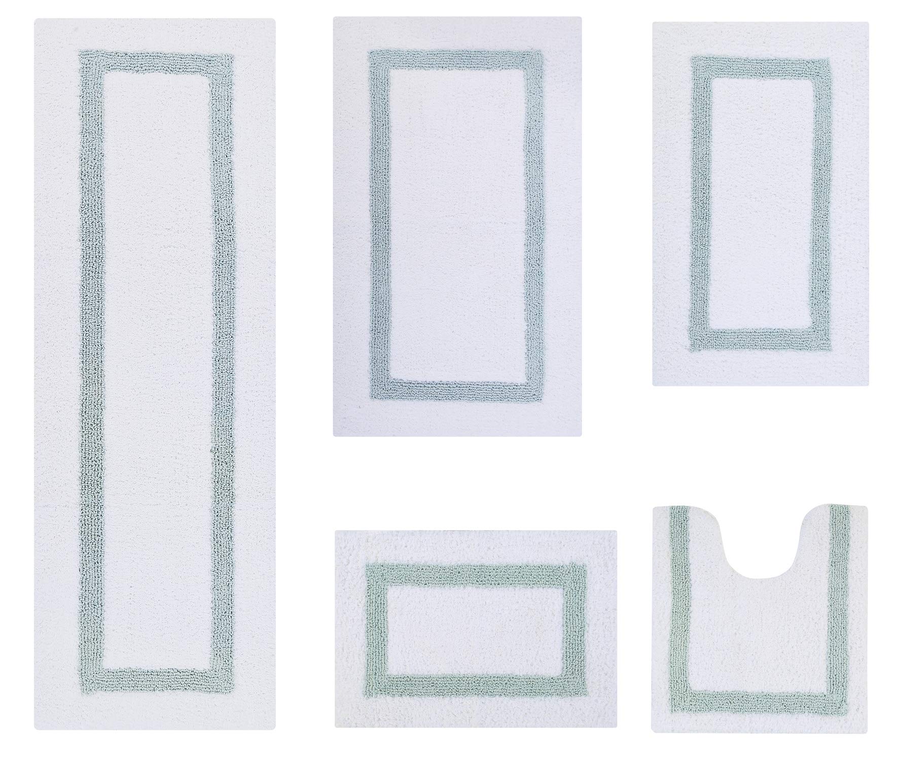 Better Trends 100% Cotton Hotel Collection Bath Mats Set - Ultra Absorbent, Reversible & Machine Washable 5-Piece Bathroom Rug Set (Gray & White) for Toilet Base, Tub Runner & Shower - Luxury Spa & Guest Bathroom Decor