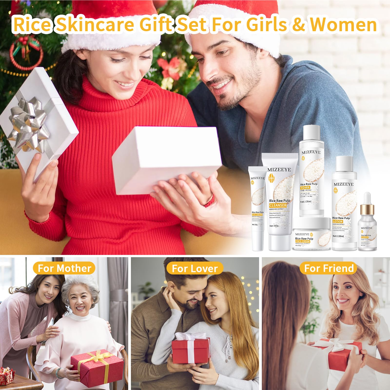 6PCS Rice Essence Skincare Set for Women - Gentle Moisturizing Face Wash, Toner, Lotion, Serum, Cream & Eye Cream - Anti-Aging Treatment with Rice Extract - Perfect for Daily Routine & Teen Girls Skincare