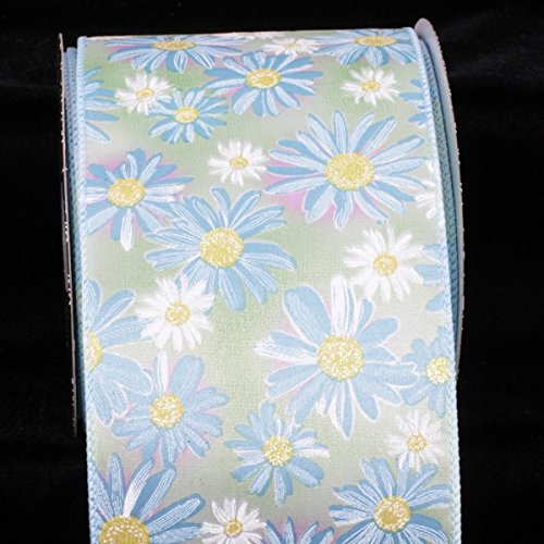 Premium Green & Blue Gerber Daisy Wired Craft Ribbon - 4 Inch x 20 Yards Bulk Roll for Floral Arrangements, Gift Wrapping, DIY Wedding Decor & Scrapbooking Projects