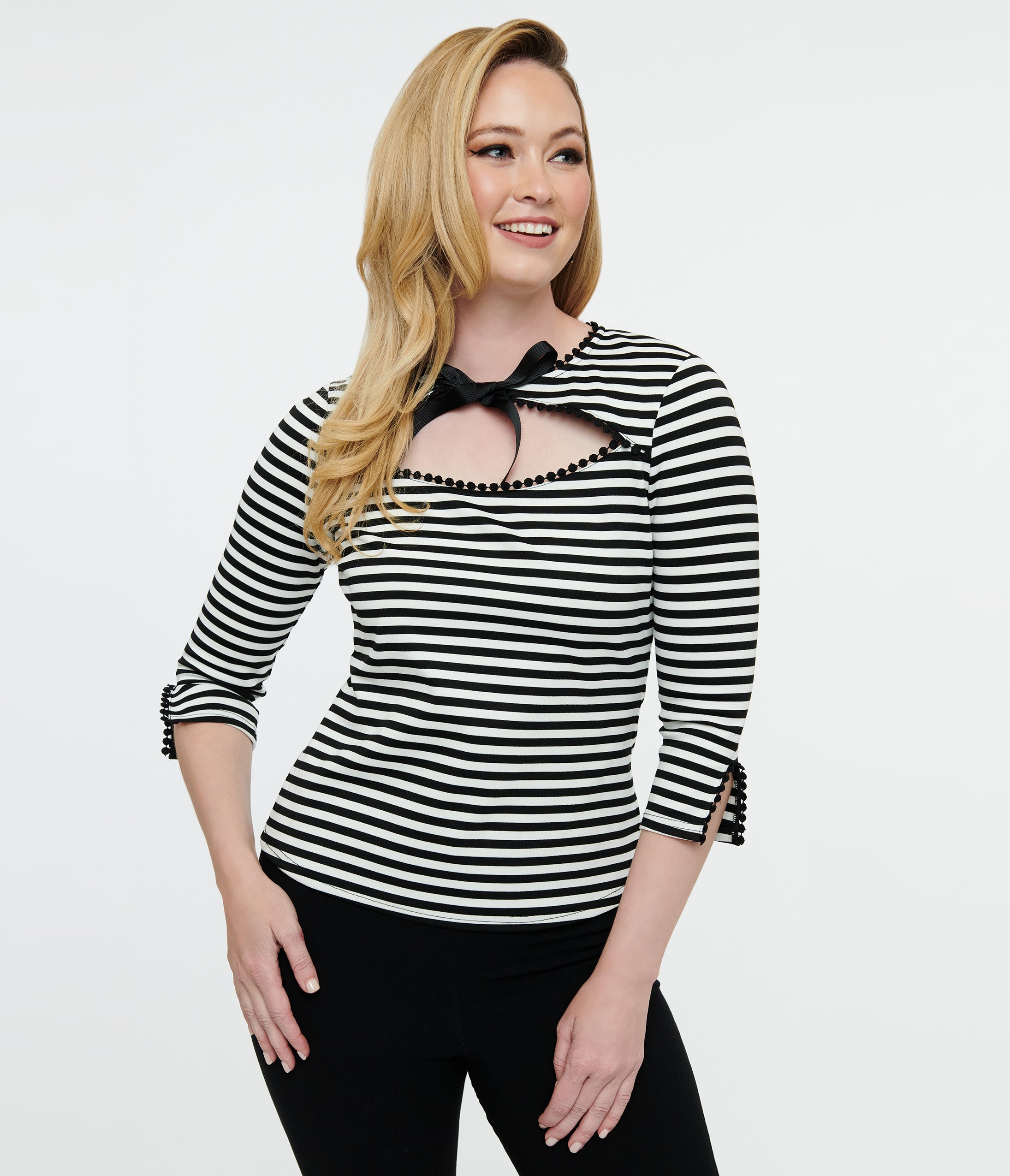 Vintage 1950s Black & White Striped Cutout Neck Tie Blouse - Retro Pin-Up Style Top for Women, Perfect for 50s Themed Parties, Swing Dancing & Rockabilly Fashion