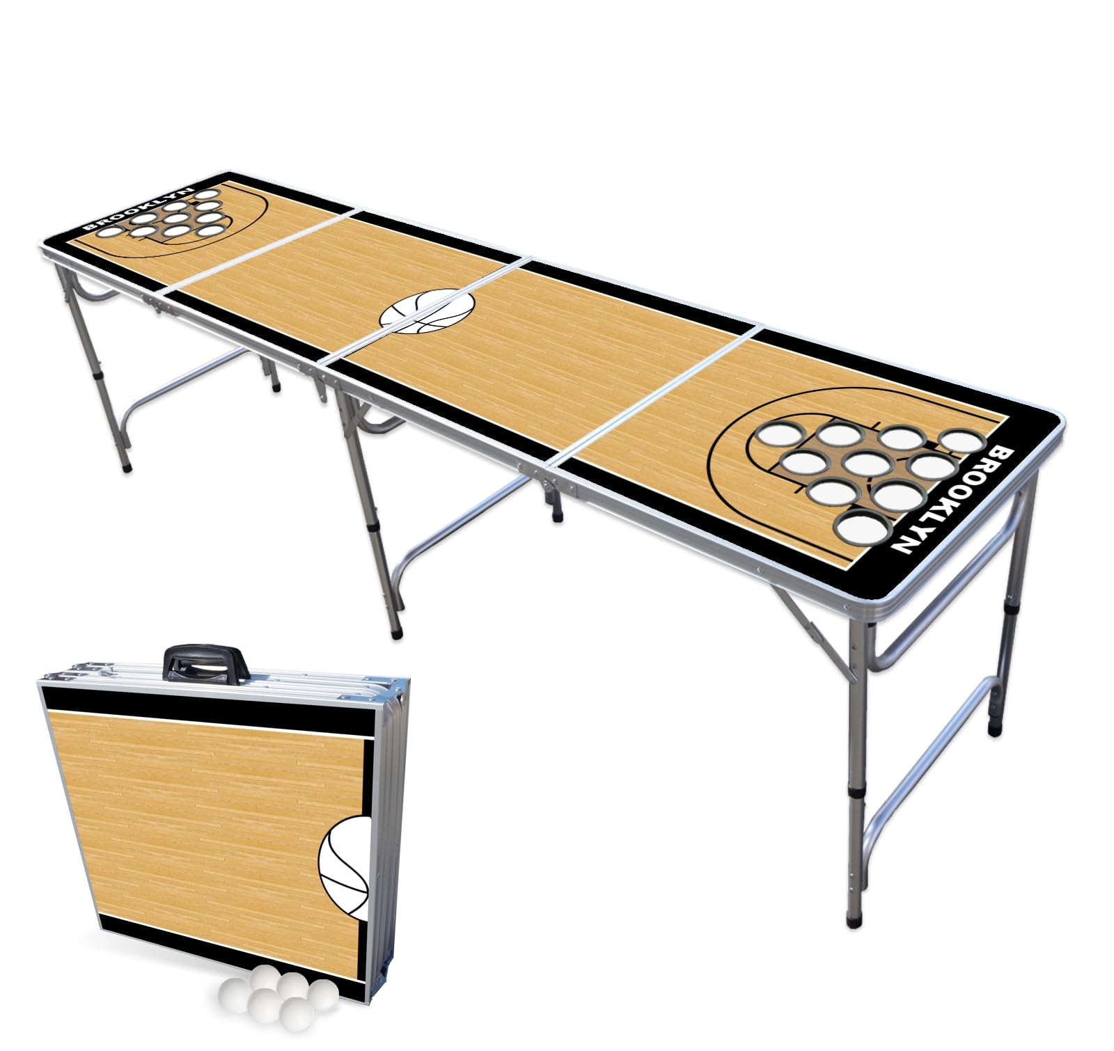 8-Foot Folding Portable Beer Pong Table with LED Lights & Cup Holders - Brooklyn Basketball Court Design - Perfect for Parties, Tailgates & Backyard Games (Choose Your Model)