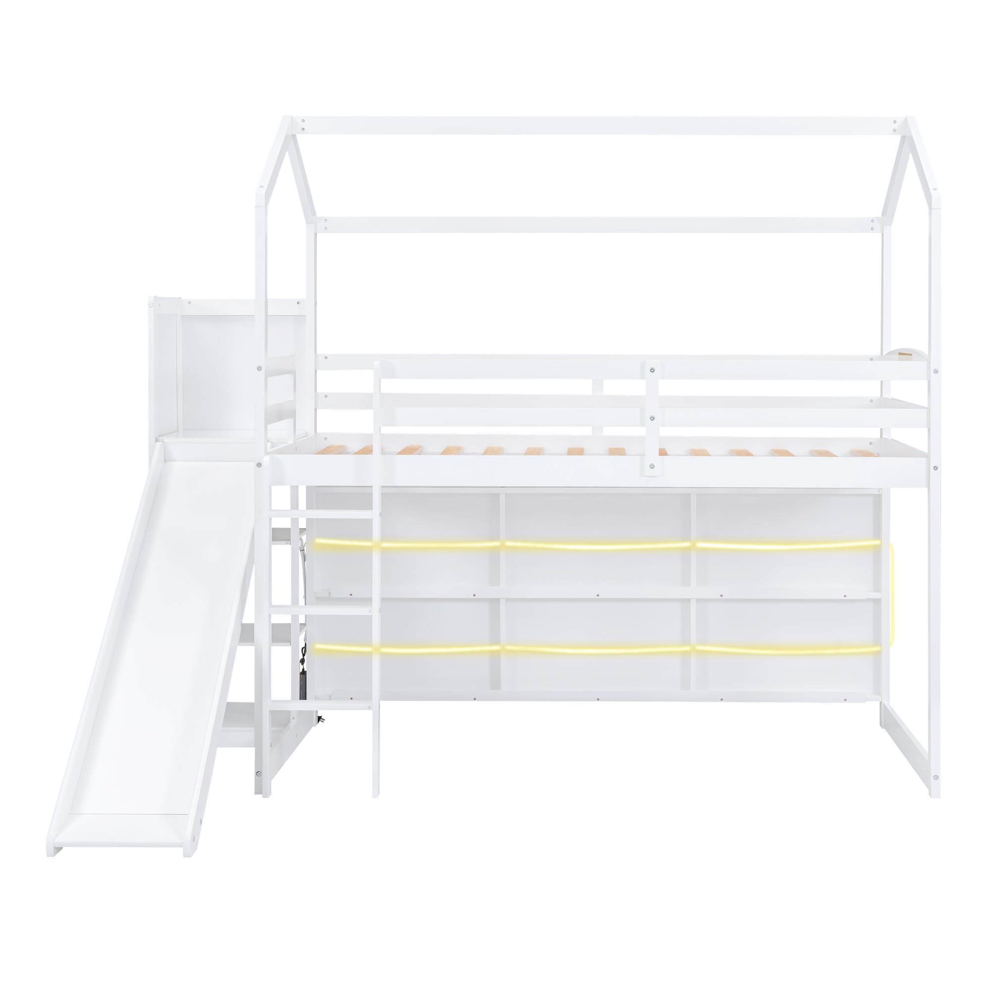 Harper & Bright Designs Twin Size Wooden Loft Bed with Slide, Storage Shelves & Light - Kids Playhouse Bed for Boys & Girls in White - Perfect for Small Bedrooms, Playrooms & Space-Saving Kids' Furniture