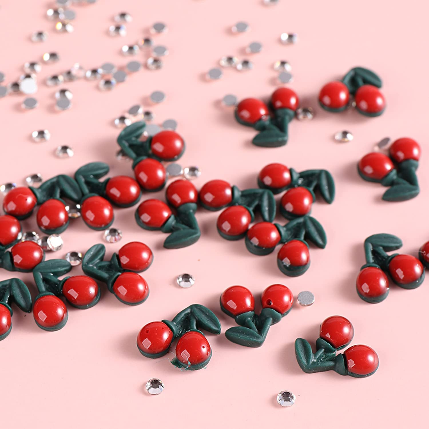 3D Cherry Nail Charms - 40Pcs Cherry Blossom Nail Rhinestones for Acrylic Nails, Flat Base Nail Art Decorations - Perfect for Spring Nail Designs, DIY Manicures & Nail Jewelry Crafts