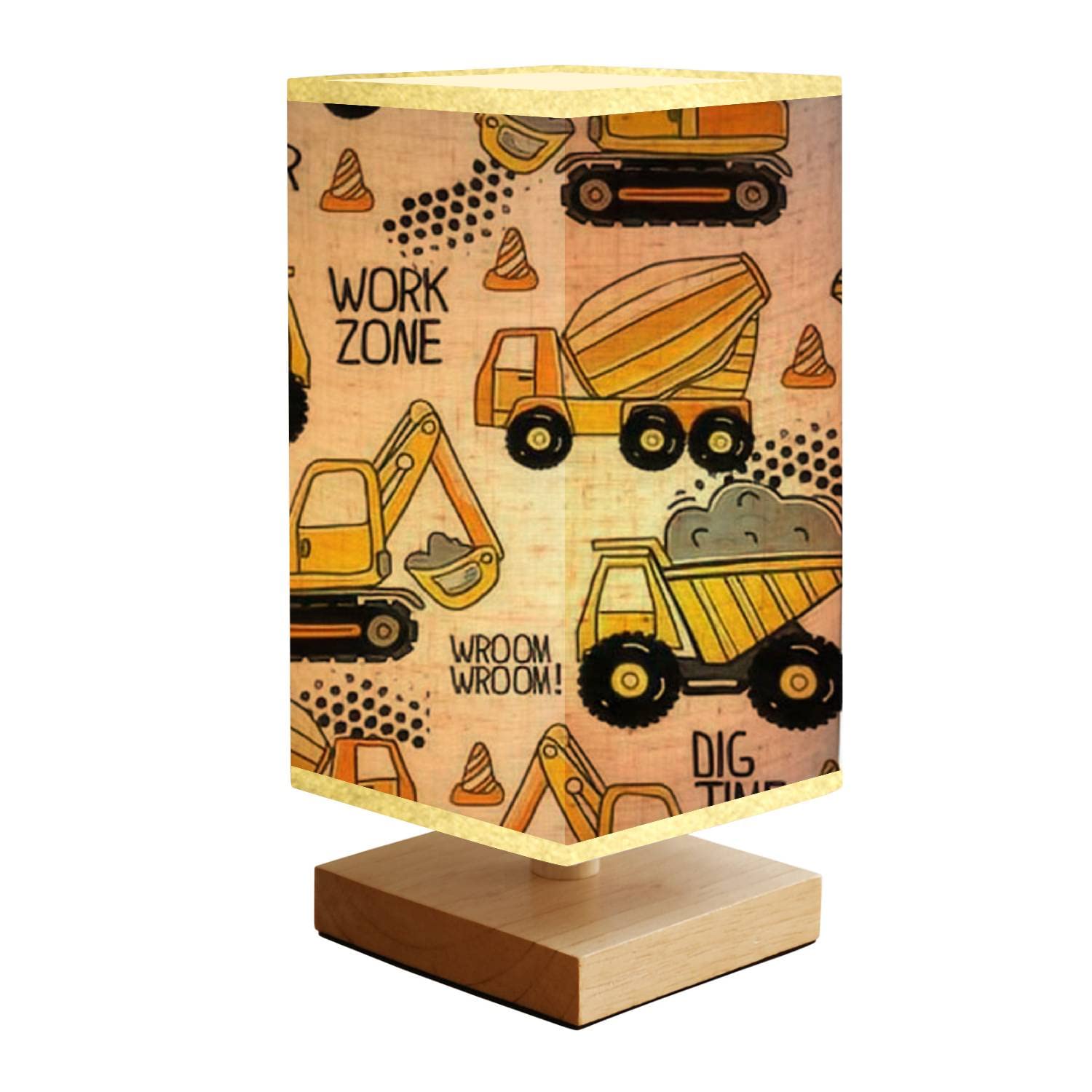 **Hand-Painted Construction Machine Kids Bedside Lamp - Minimalist Wood Base with Rectangular Fabric Shade, Nightstand Lamp for Bedroom, Living Room & Nursery - Perfect for Reading, Decor & Kids' Room Lighting**