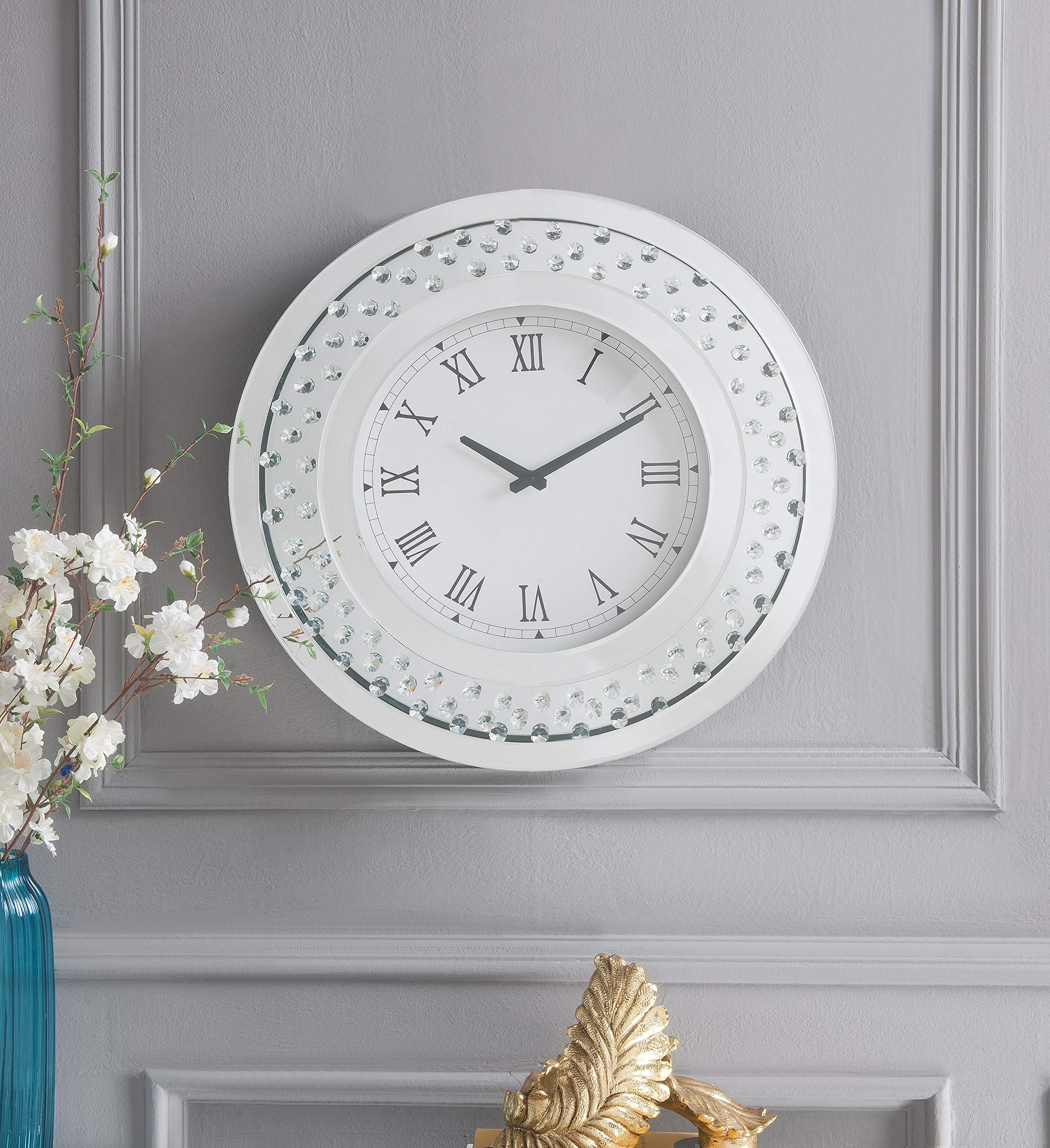 Acme Nysa 12 Inch Round Mirrored Wall Clock - Modern Decorative Mirror Clock for Living Room, Bedroom & Office Decor