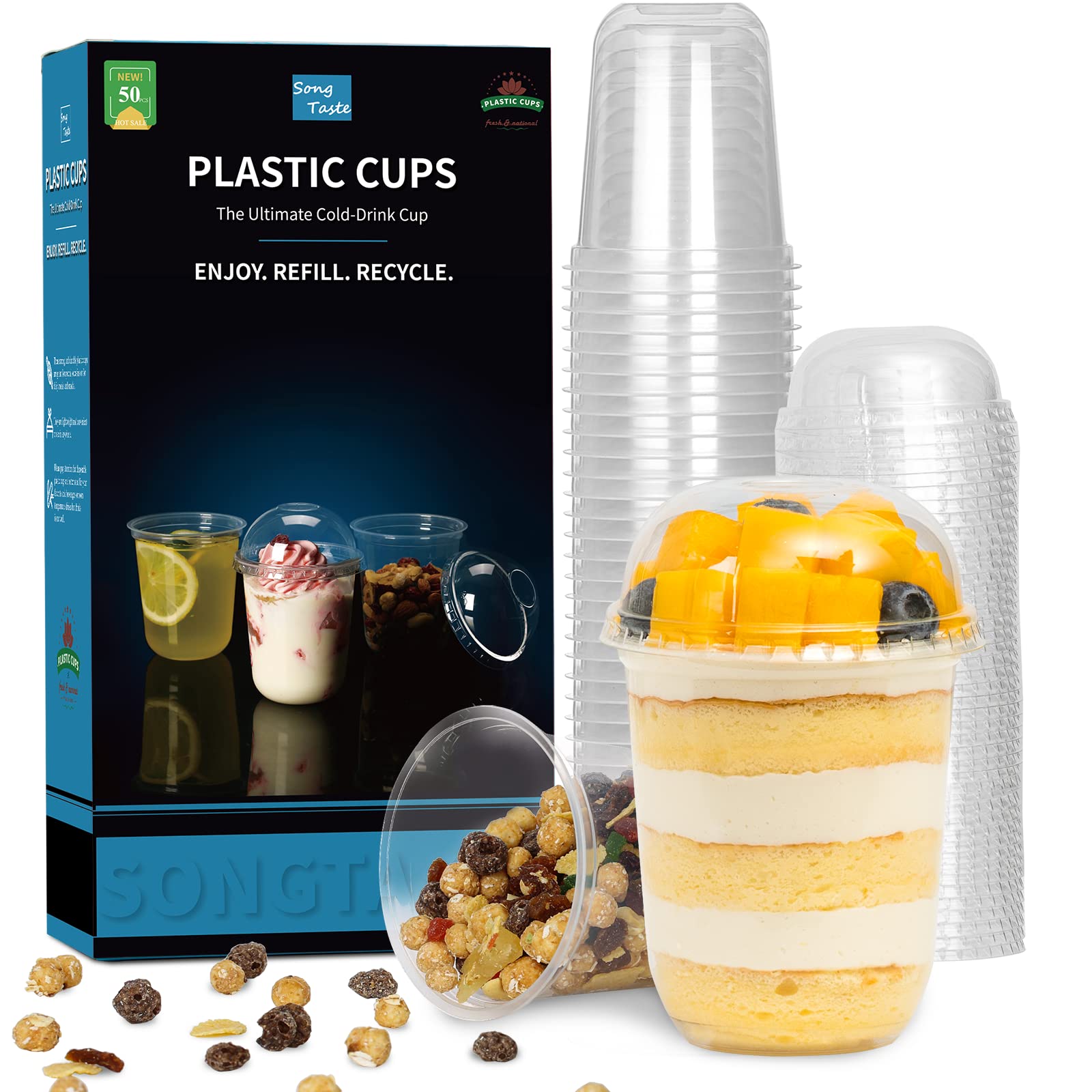 50 Pcs 8 Oz Clear Disposable Plastic Parfait Cups with Dome Lids - No Hole Dessert Yogurt Fruit Cups for Kids, Takeaway Breakfast, Snacks, Cold Drinks & Ice Cream - Perfect for Parties, Picnics, Cafes and Home Use