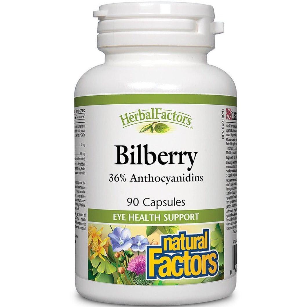 Natural Factors Herbal Factors Bilberry 90 Capsules - Premium Eye Health Supplement with Antioxidants for Vision Support - Perfect for Night Driving & Digital Screen Users