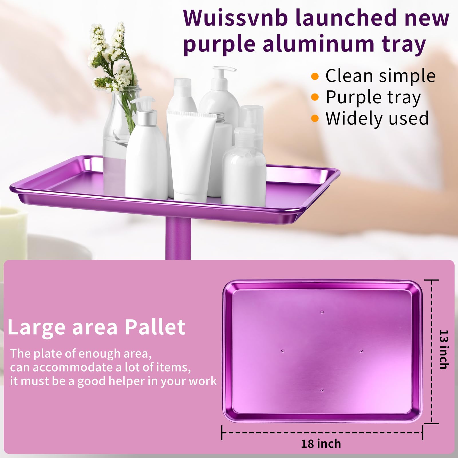 Premium Adjustable Rolling Salon Tray - Aluminum Mobile Hair Stylist & Tattoo Artist Cart with Wheels, Purple Height-Adjustable Service Tray for Salon, Spa, Tattoo Parlor & Beauty Services