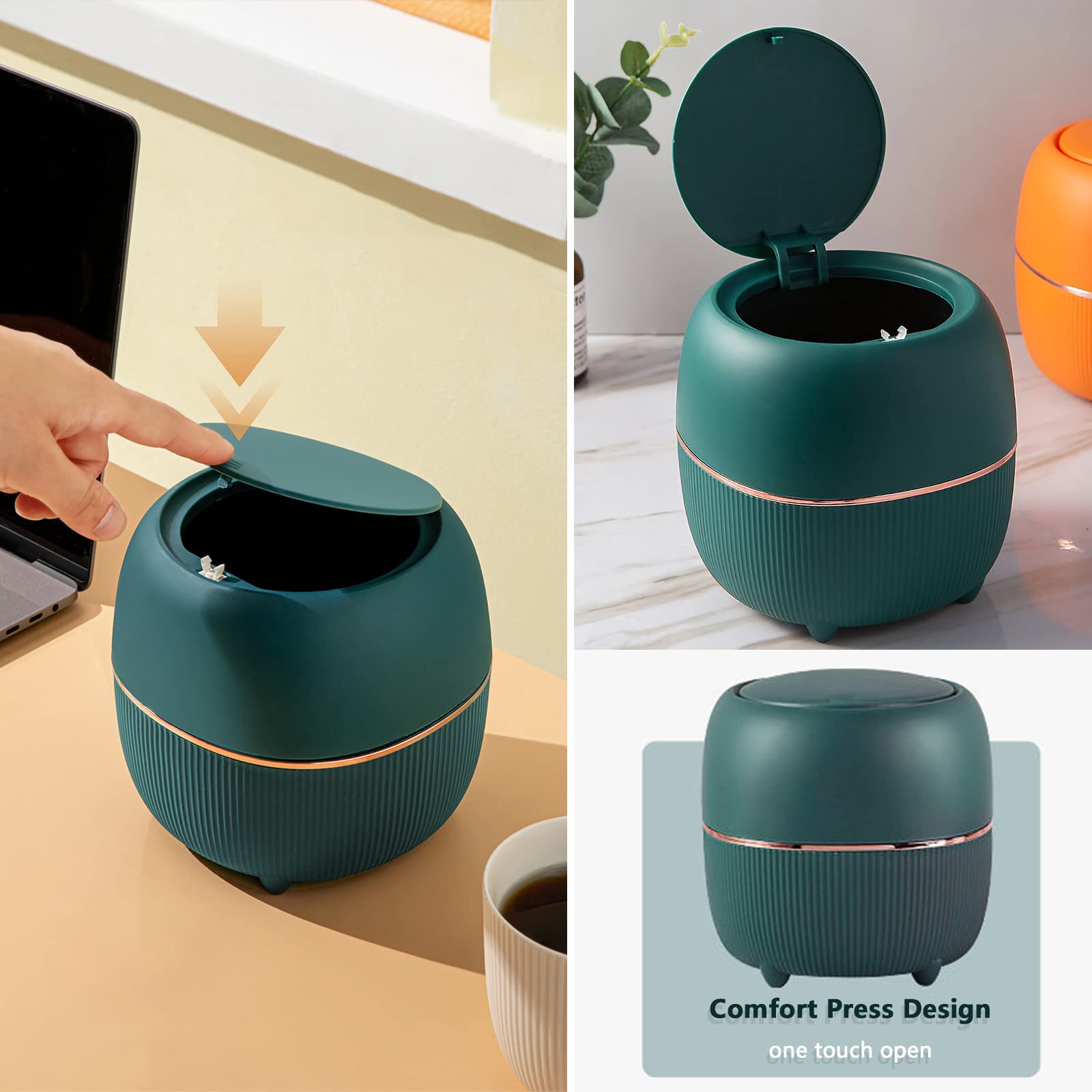 Modern Mini Trash Can with Lid - Small Press-Type Waste Basket for Office Desk, Kitchen Countertop, Coffee Table & Bathroom - Eco-Friendly Plastic Garbage Bin for Home & Office Use - Green