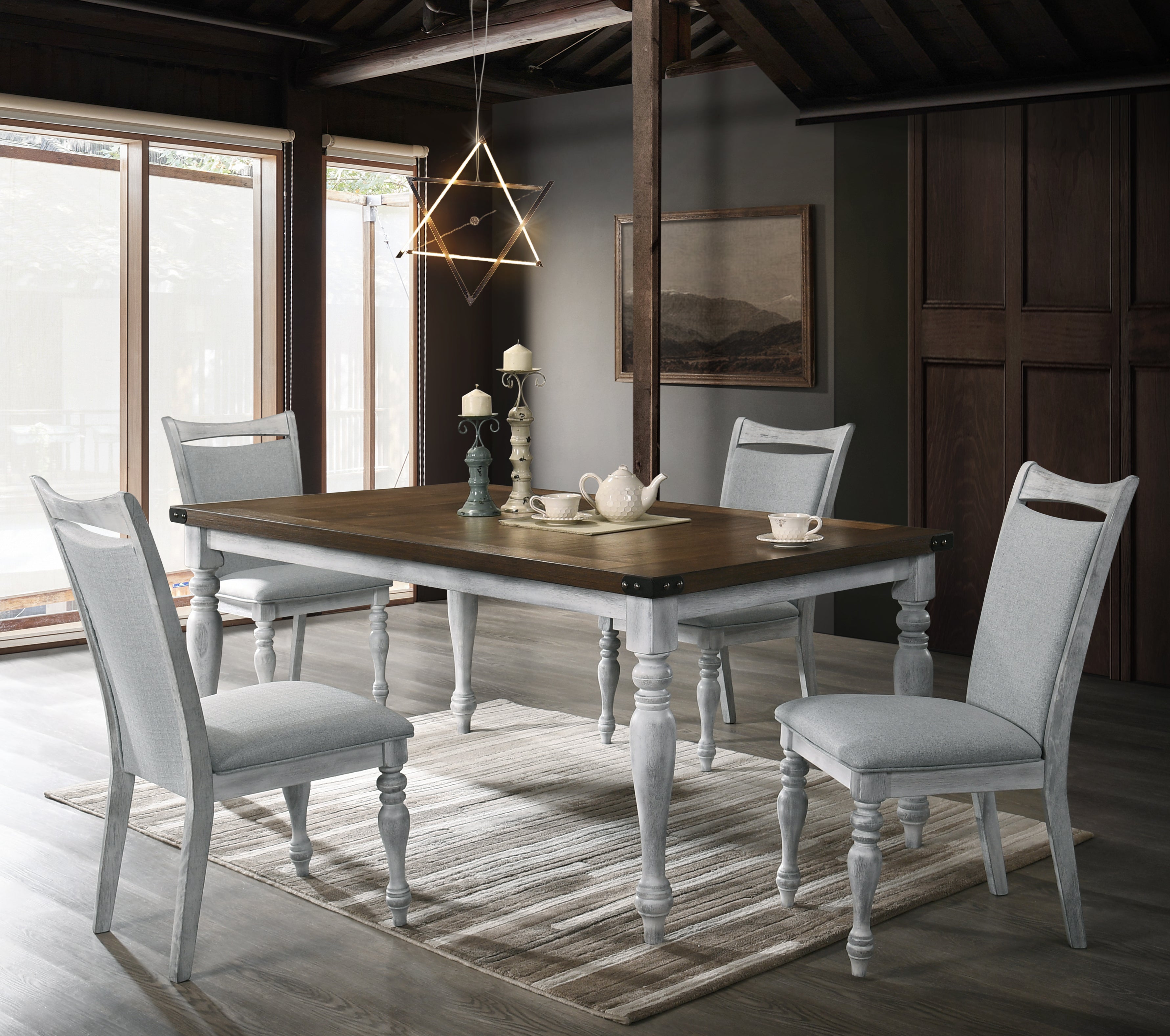 5-Piece Rustic White and Oak Dining Table Set with 4 Upholstered Chairs - Perfect for Farmhouse Kitchens, Small Dining Rooms & Cozy Family Meals