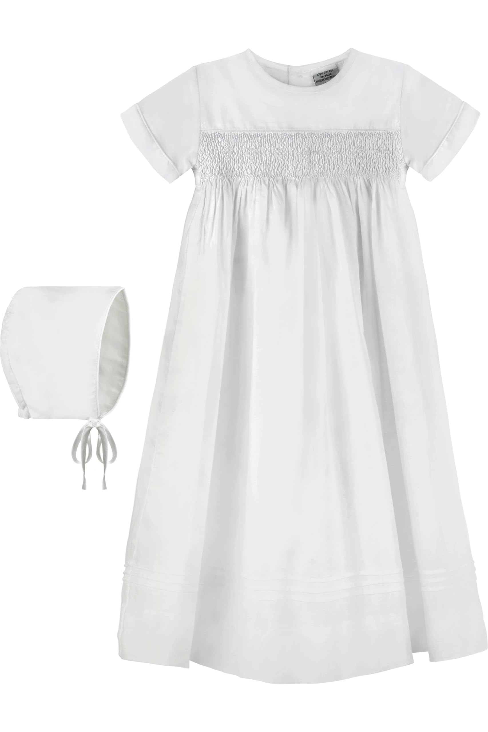 White Christening Gown for Baby - Hand-Smocked Yoke with Cross Detail, Short Sleeves & Matching Bonnet | Perfect for Baptism, First Communion & Special Occasions