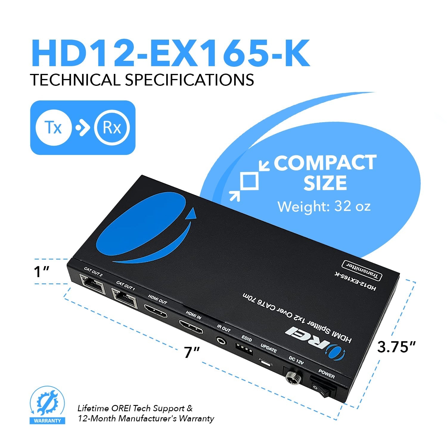 1x2 HDMI Extender Splitter Over CAT6/7 Cable - 165ft Range with Loop Out, IR Control & EDID (HD12 EX165 K) - Perfect for Home Theater, Conference Rooms & Multi-Display Setups