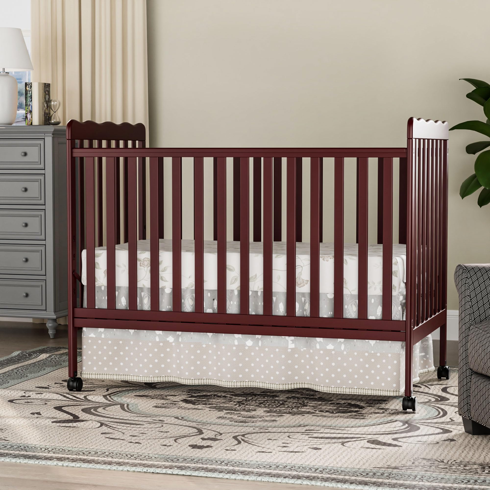 3-in-1 Convertible Baby Crib to Toddler Bed - Full Size Wooden Nursery Furniture with Locking Wheels, Non-Toxic Cherry Finish - Safe Sleeping Solution for Newborns & Toddlers
