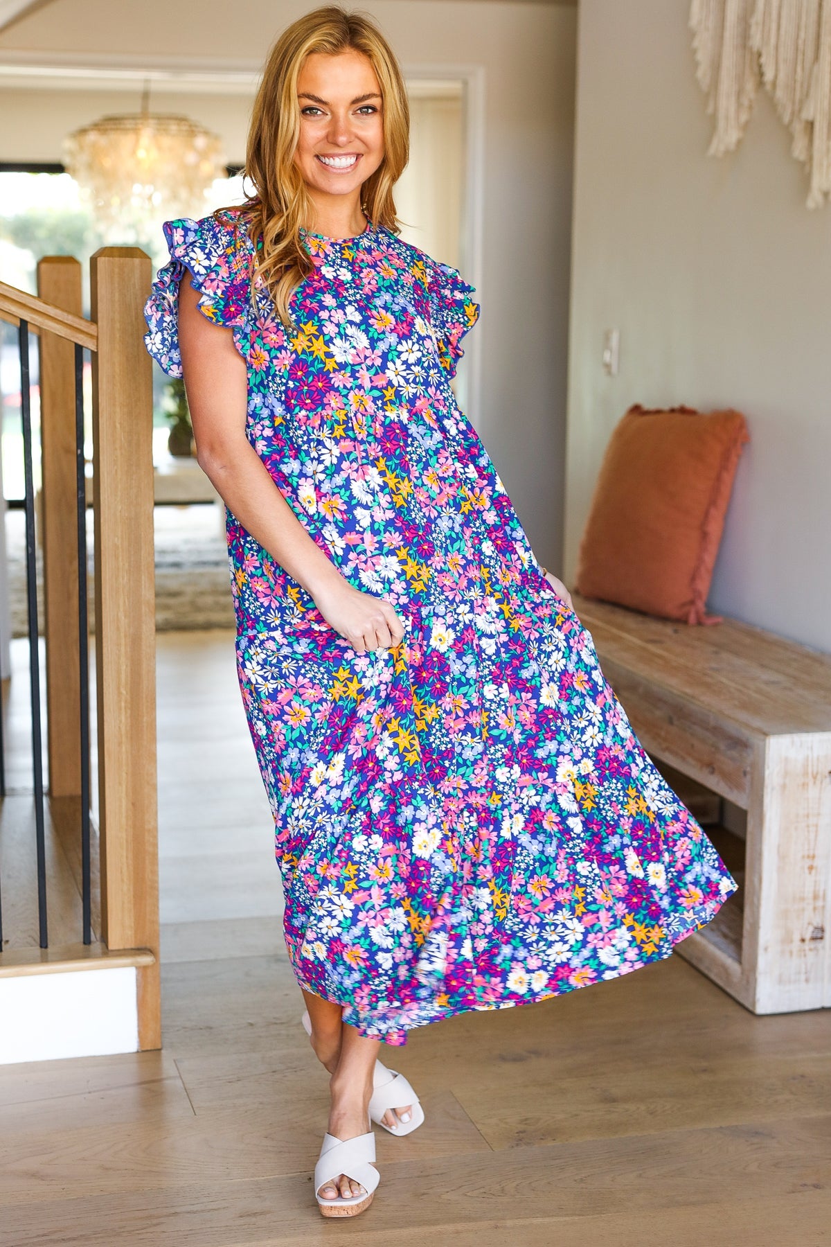 Haptics Just A Dream Navy Floral Smocked Ruffle Sleeve Maxi Dress - Elegant Summer Beach Wedding Guest Dress for Women