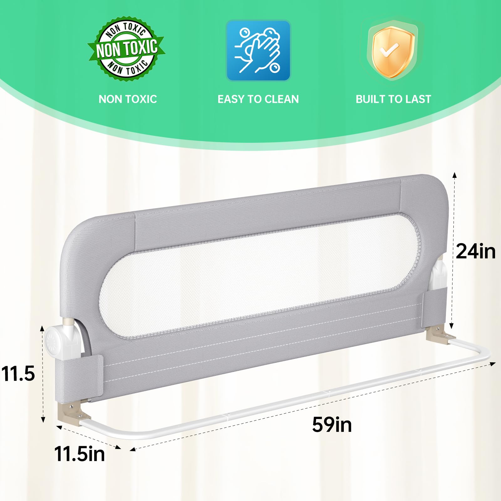 Toddler Safety Bed Rail - Adjustable Folding Bed Guard for Kids with Reinforced Anchor System - Fits Twin, Full, Queen & King Size Beds (Grey, 59