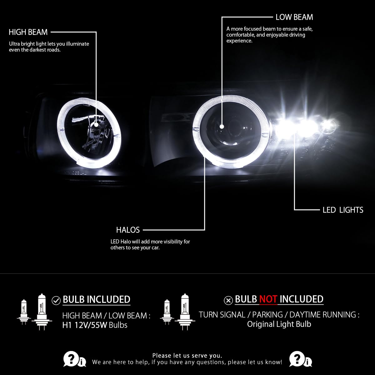 AUTOZENSATION LED Halo Black Projector Headlights & Bumper Lights - Compatible with 1999-2002 Chevy Silverado 1500/2500/3500 & 2000-2006 Tahoe - Left+Right Pair Headlamp Assembly - Upgrade for Off-Road & Night Driving