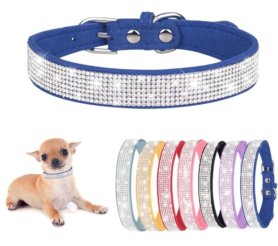 Sparkling Blue Rhinestone Dog Collar - Adjustable Bling Crystal Collar for Small Medium Large Dogs & Cats - Perfect for Pet Parties, Photos & Special Occasions