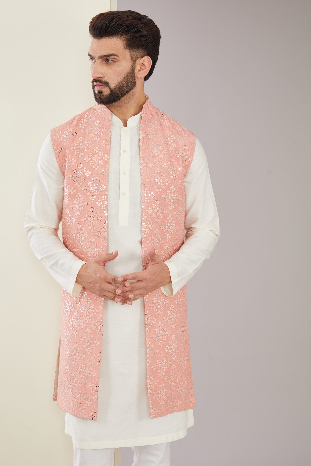Elegant Peach Mirror Work Long Open Shrug - Boho Chic Embroidered Cover-Up for Women | Perfect for Weddings, Beach Parties & Summer Festivals