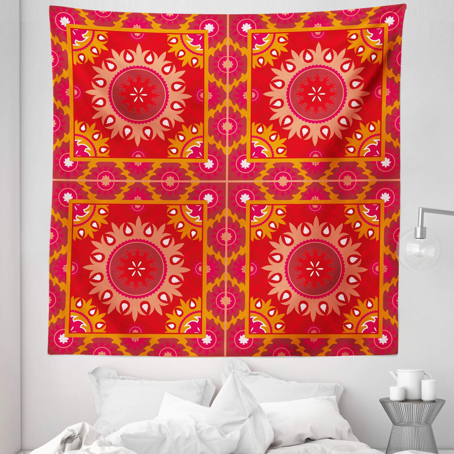 Ambesonne Mandala Tapestry Queen Size 88x88 Inches - Oriental Inspired Symmetric Tile Wall Hanging, Bedspread & Home Decor in Multicolor - Perfect for Bohemian Bedroom, Dorm Room or Meditation Space