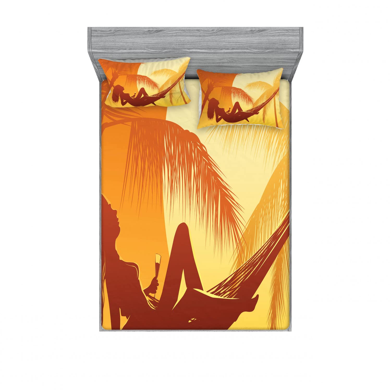 Ambesonne Tropical 2-Piece Queen Fitted Sheet Set with 4 Pillow Shams - Majestic Sunset Print Burnt Orange Bedding - Soft Microfiber Sheets for Beach House, Guest Room & Vacation Home Decor