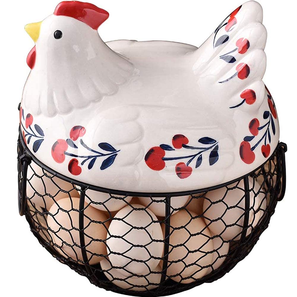 SHUIZONG Ceramic Wrought Iron Kitchen Egg Storage Basket - Durable Fruit & Vegetable Organizer for Eggs, Potatoes, Garlic - Perfect for Pantry, Countertop & Farmhouse Kitchen Decor