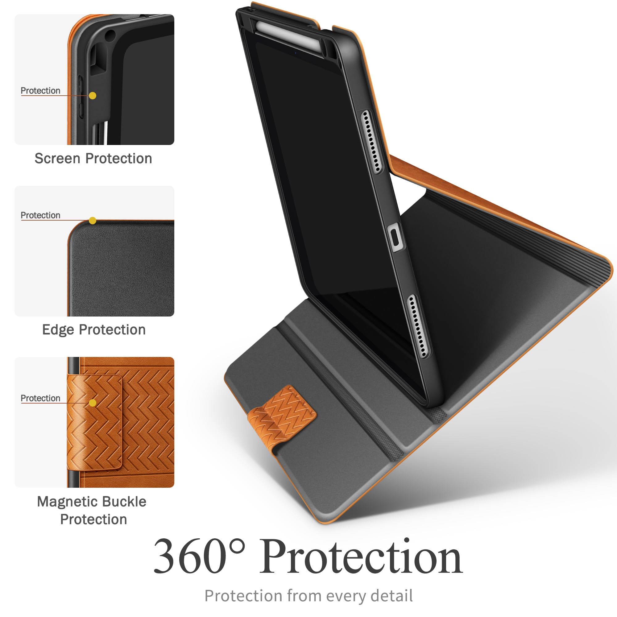 Premium PU Leather Case for iPad Pro 11 Inch M4 (2024) - Apple Pencil Pro/USB-C Holder, Auto Sleep/Wake Feature - Perfect for Work, Travel & Study (Brown)