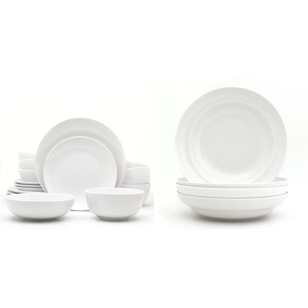 Euro Ceramica Essential Collection 16-Piece Porcelain Dinnerware Set - 4 Pasta Bowls Included, Elegant White Tableware for Family Dinners & Entertaining Guests | Dishwasher & Microwave Safe
