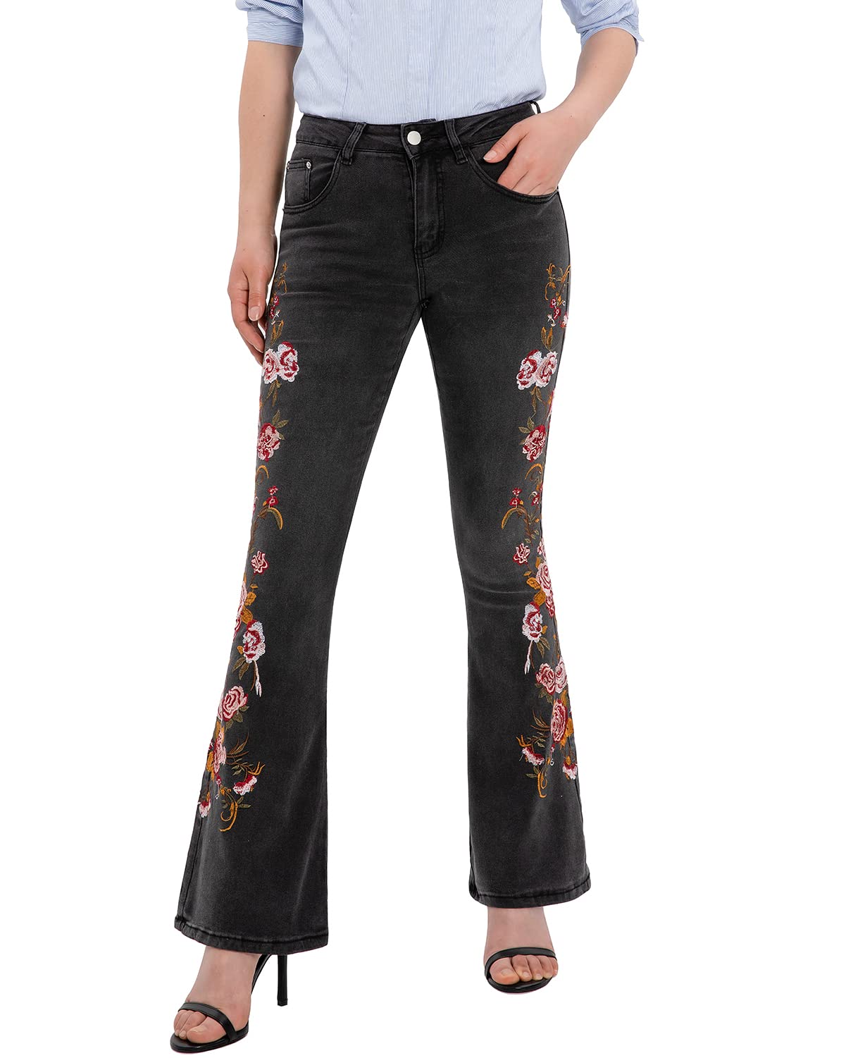 Women's Floral Embroidered Bell Bottom Jeans - High Waisted Flared Wide Leg Denim Pants for Casual & Retro Style | Perfect for Music Festivals, Vintage Outfits and 70s Fashion Looks
