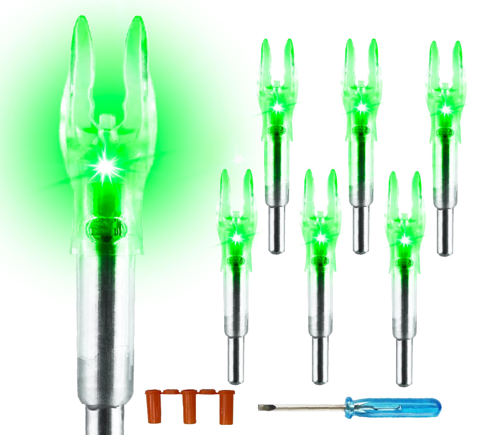 Green LED Lighted Archery Nock for Arrows - 6 Pack with Screwdriver - Fits .204