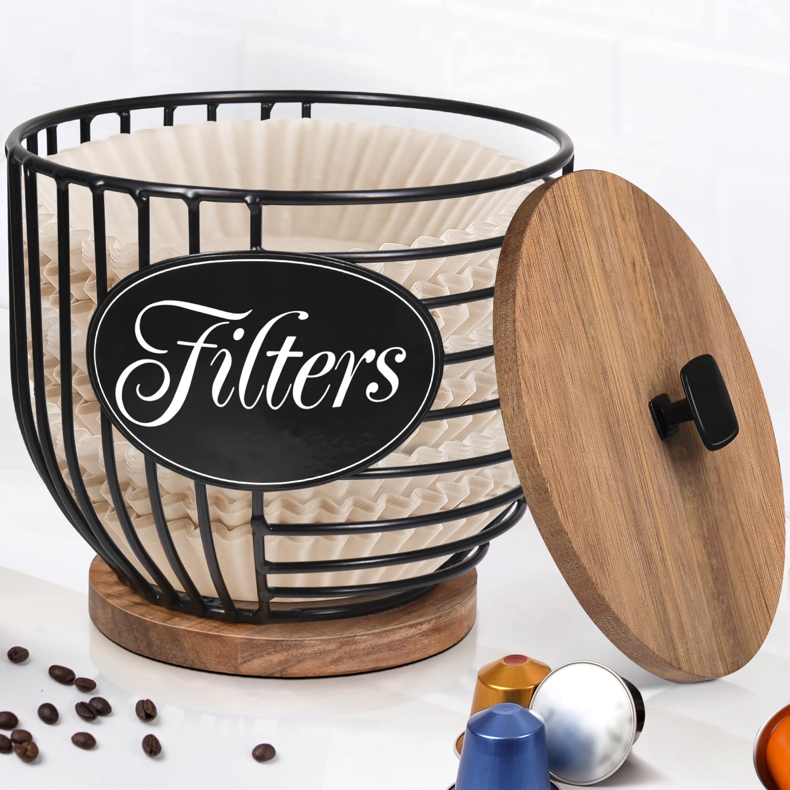 Rustic Coffee Pod Holder Organizer - Black Wire with Wood Base for Keurig K-Cups & Nespresso Capsules - Coffee Bar Accessories & Decor - Perfect for Kitchen Countertop & Coffee Station Organization
