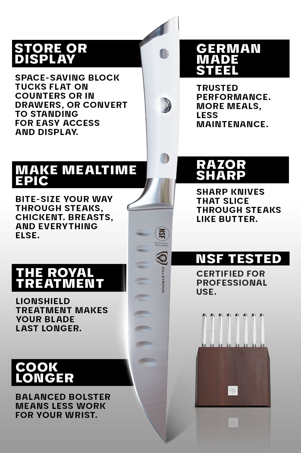 Premium 8-Piece Steak Knife Set with Wooden Storage Block - White ABS Ergonomic Handles - Dalstrong Gladiator Series - Perfect for Steakhouse Dining, BBQ Parties & Home Kitchen Use