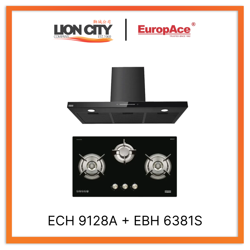 Europace ECH9128A 90cm Premium T Chimney Range Hood with EBH6381S 3-Burner 80cm Slim Gas Cooktop (Schott Glass) - Perfect for Modern Kitchens & Home Renovations