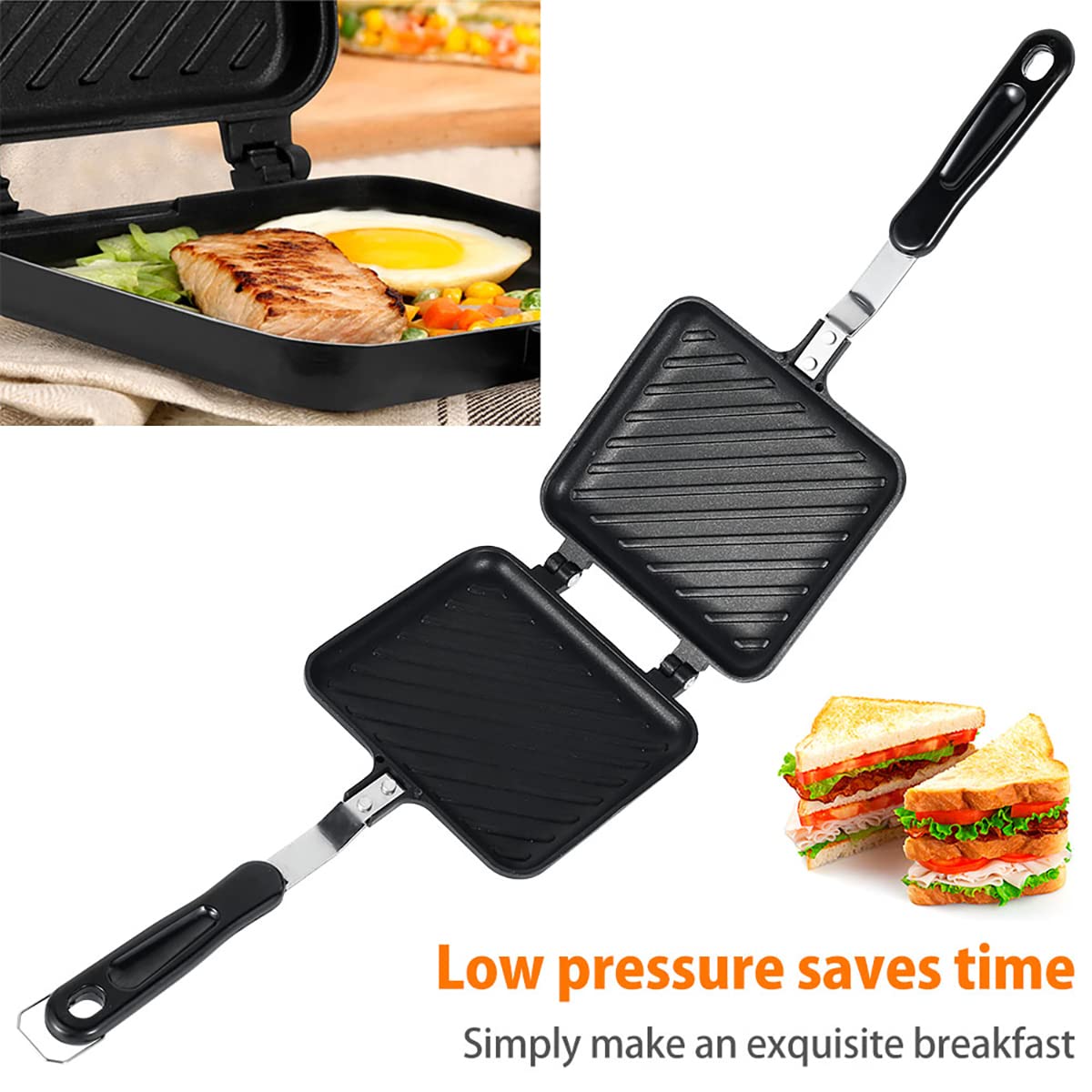 Non-Stick Double-Sided Sandwich Maker - Stovetop Toastie Pan with Heat-Resistant Handles for Grilled Cheese, Paninis & Breakfast - Perfect for Camping, RV & Home Kitchen Use on Gas Stoves