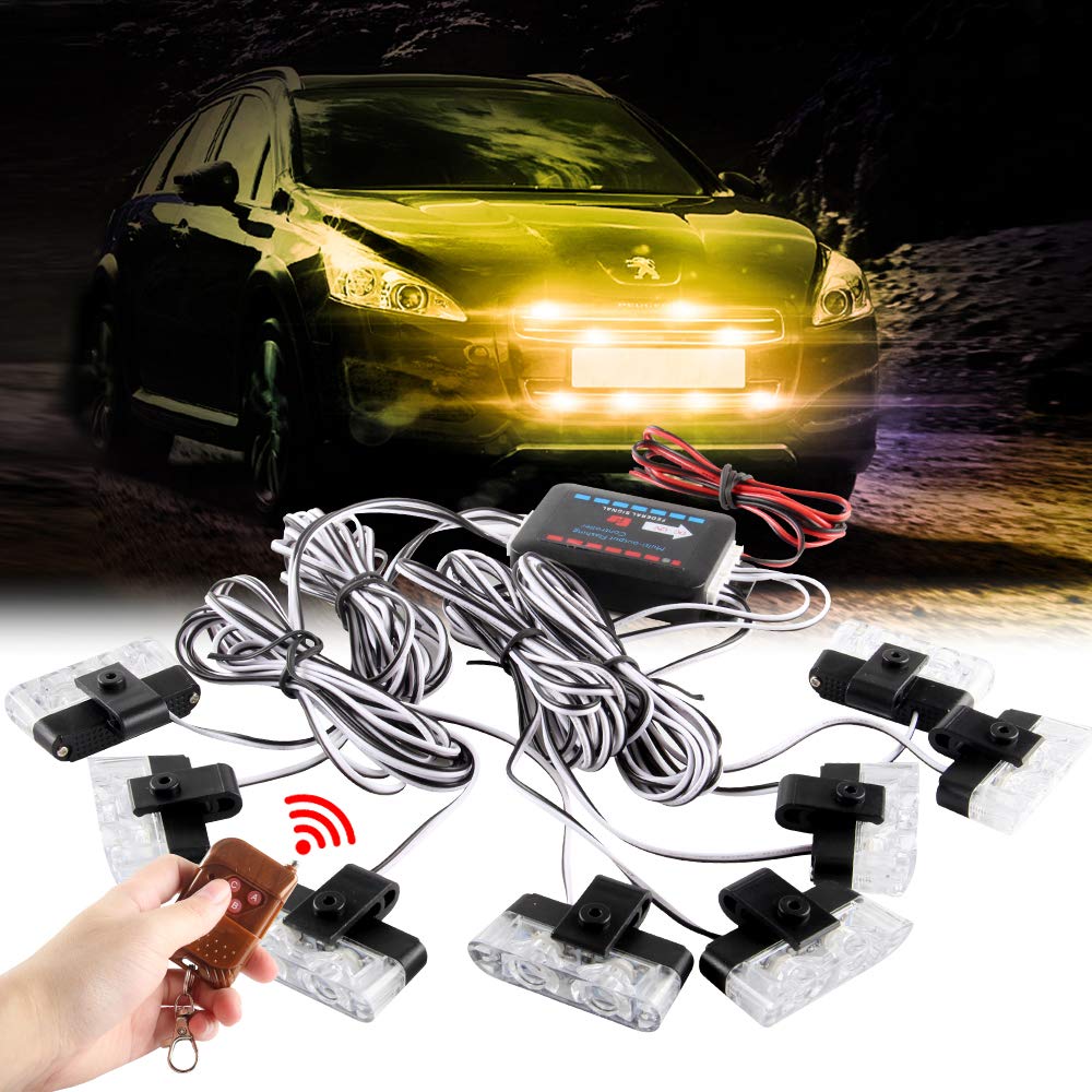 16 LED Amber Grille Strobe Lights for Cars, Trucks & Ambulances - Wireless Remote Control Emergency Warning Lights | Police Flash Lights for Dash, Deck & Visor | 12V Vehicle Safety Lighting for Roadside Emergencies & Construction Zones