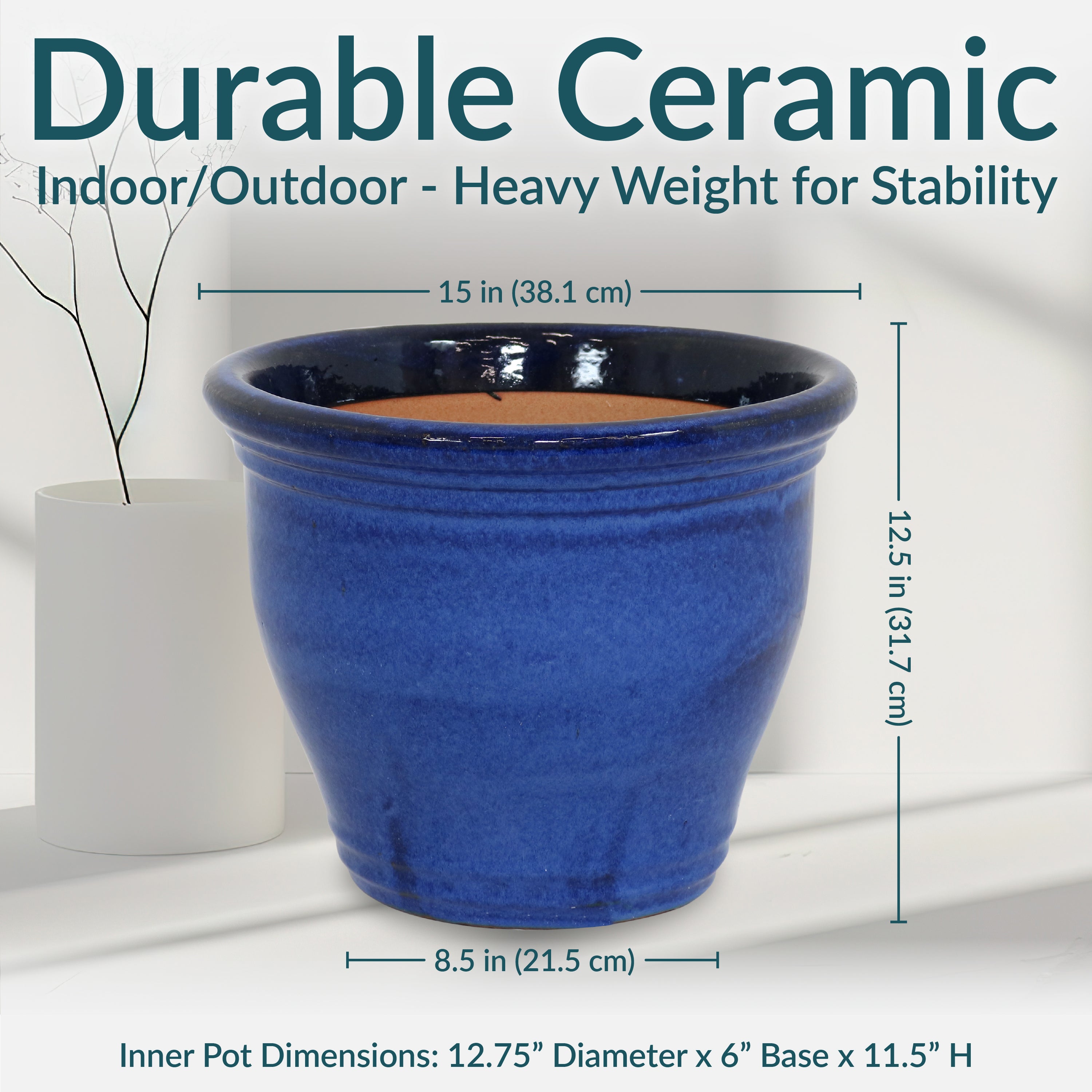 Sunnydaze Studio Round Glazed Ceramic Planter with Drainage Hole - Indoor Outdoor Flower Pot for Plants, Succulents, Herbs - Perfect for Patio, Garden, Balcony Decor