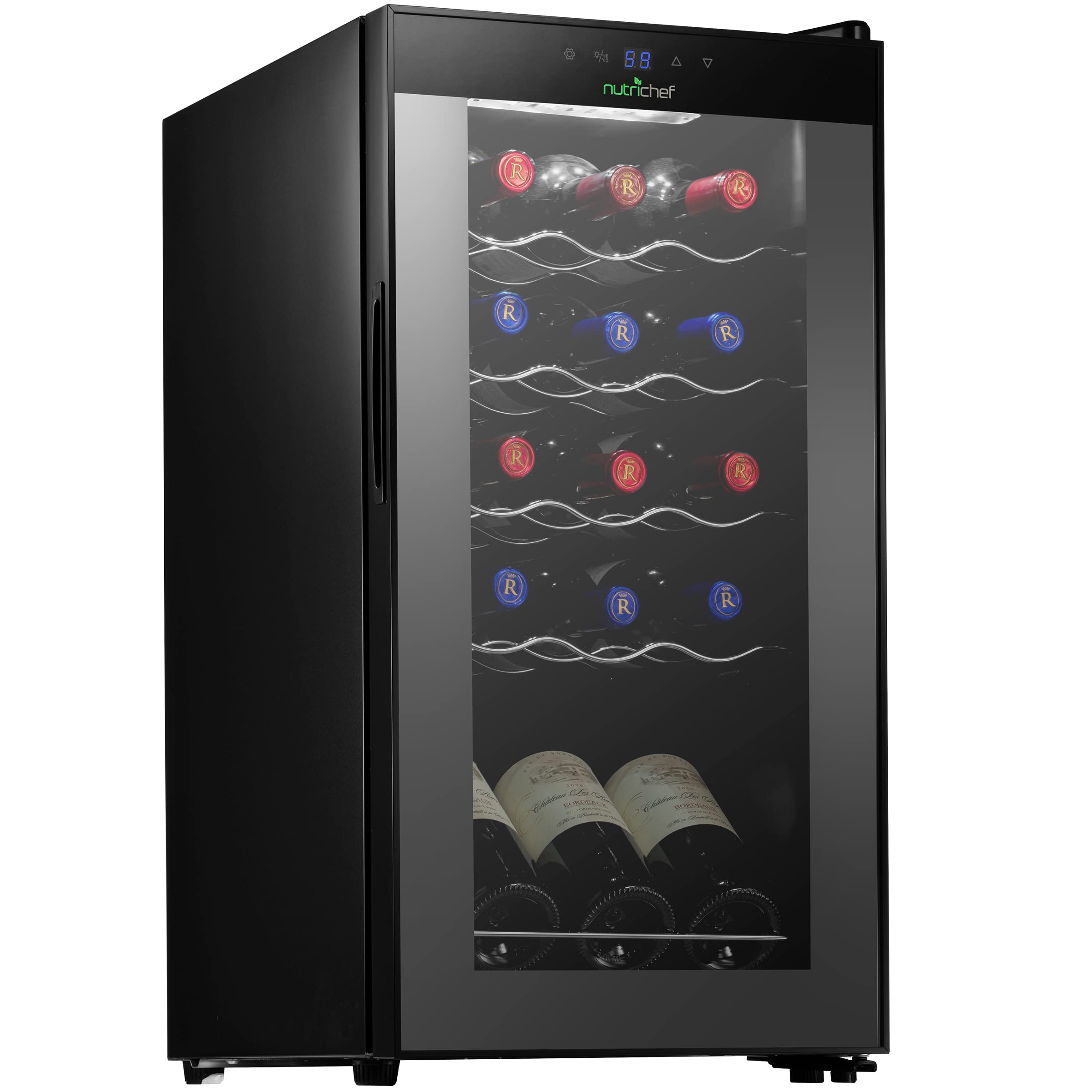 NutriChef 15-Bottle Compact Wine Cooler - Freestanding Mini Refrigerator with Digital Touch Control, Glass Door & Quiet Operation - Perfect for Home, Office, or Bar (Black, White & Red)