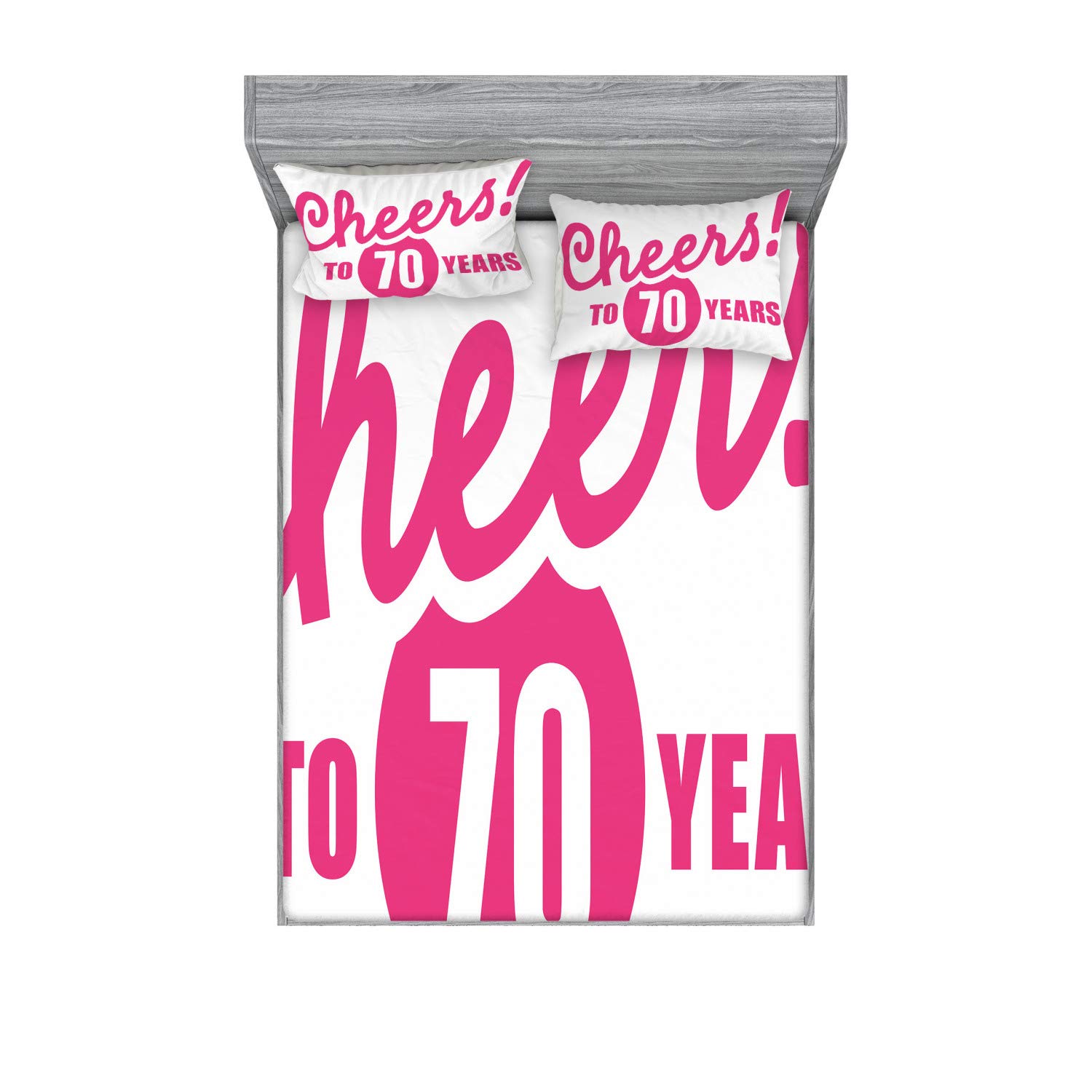Ambesonne 70th Birthday Fitted Sheet & Pillow Sham Set - Cheers to 70 Years Calligraphy Design, 3-Piece King Size Bedding in Hot Pink & Black - Perfect for Birthday Parties, Anniversary Decor & Unique Gift Ideas