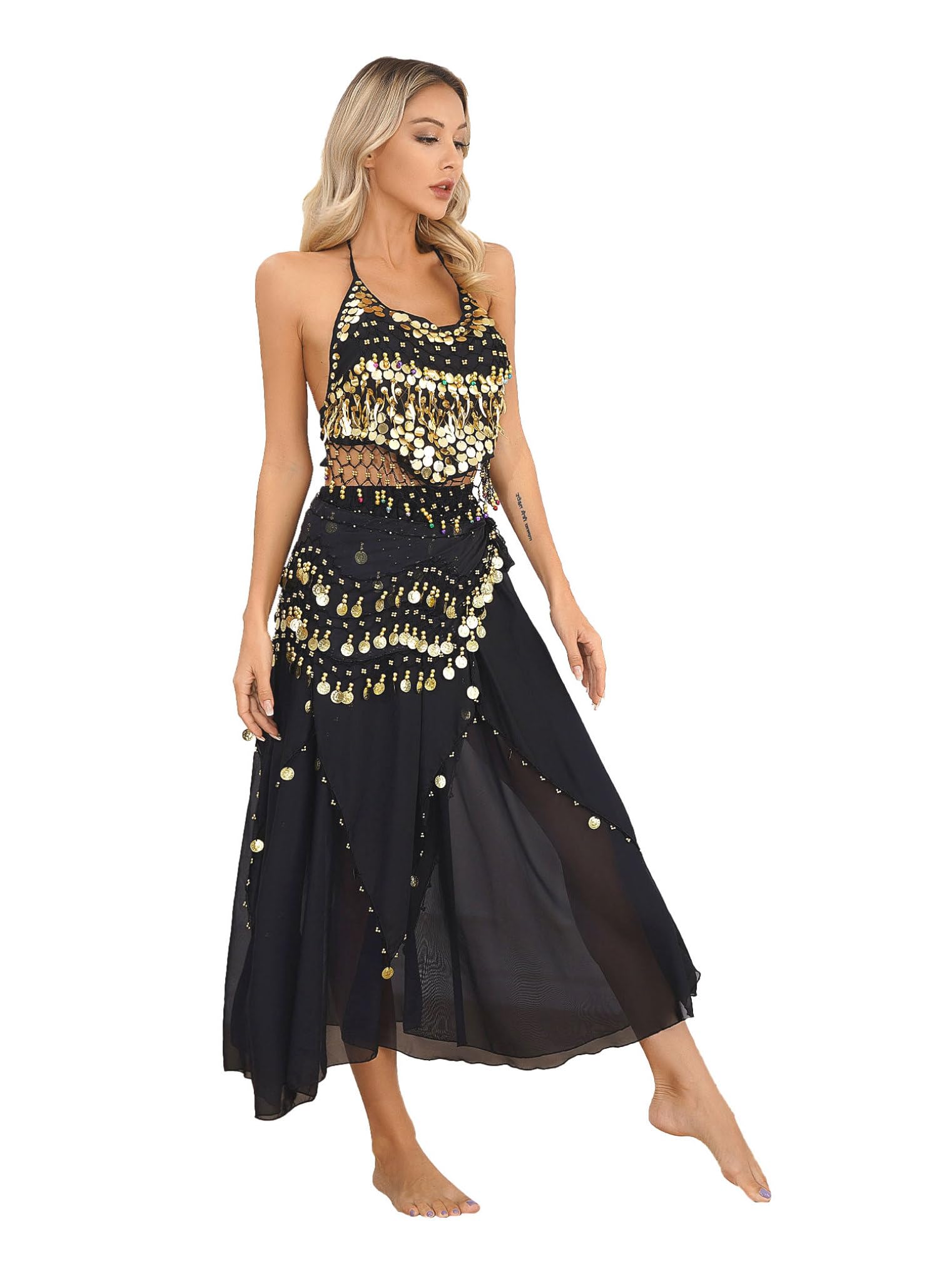 Freebily Women's Belly Dance Costume Set - Puff Sleeve Crop Top & Harem Pants Outfit for Dance Performance, Halloween Party, Cosplay and Stage Shows