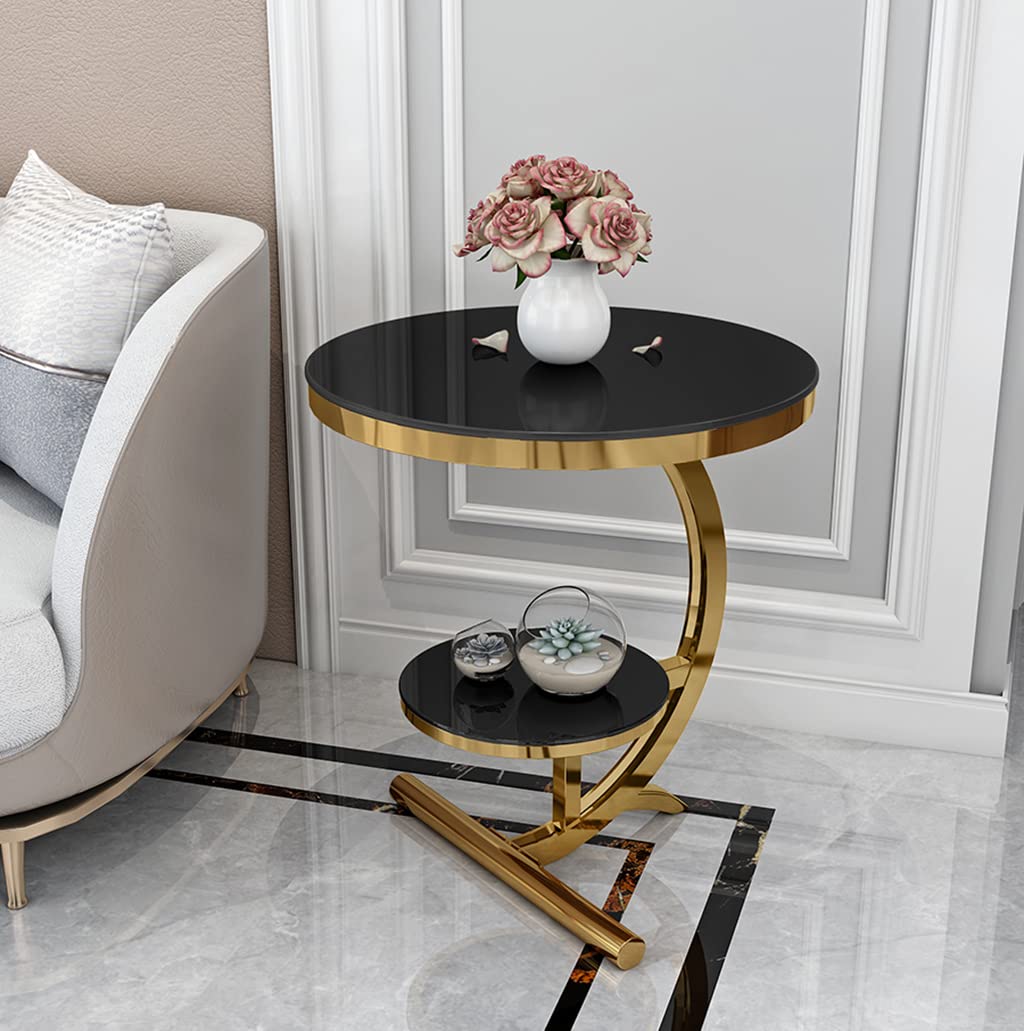 Premium 2-Tier Round Corner Tempered Glass Side Table - Luxury Sofa End Table for Living Room, Hotel & Bedside (Black & Gold) | Perfect for Small Spaces, Coffee Table Alternative & Modern Home Decor