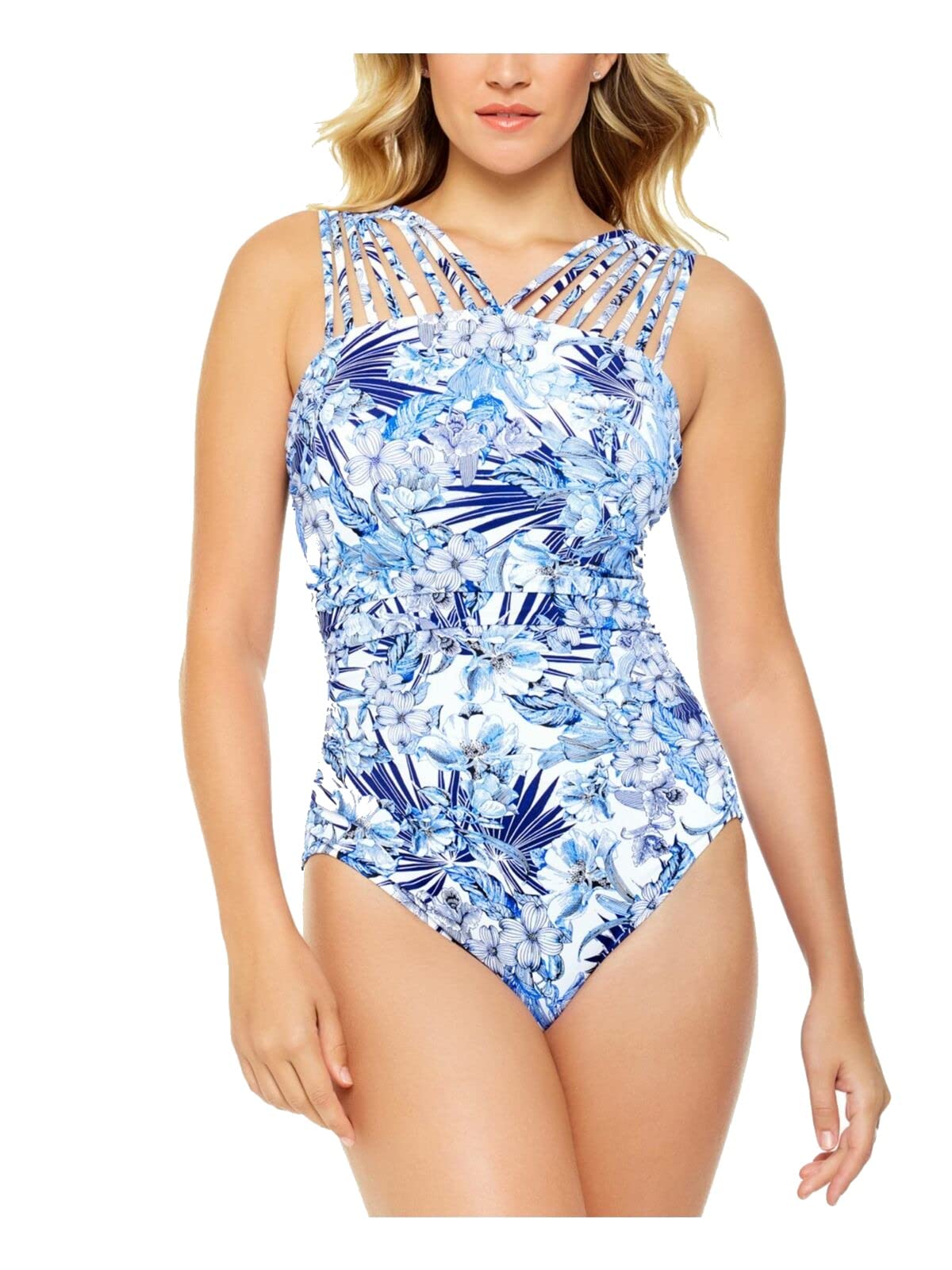 Women's Blue Floral One Piece Swimsuit with Tummy Control & Bust Support - Strappy High Neck Swimwear with Fixed Cups - Size 14 - Perfect for Beach Vacations, Pool Parties & Summer Water Activities