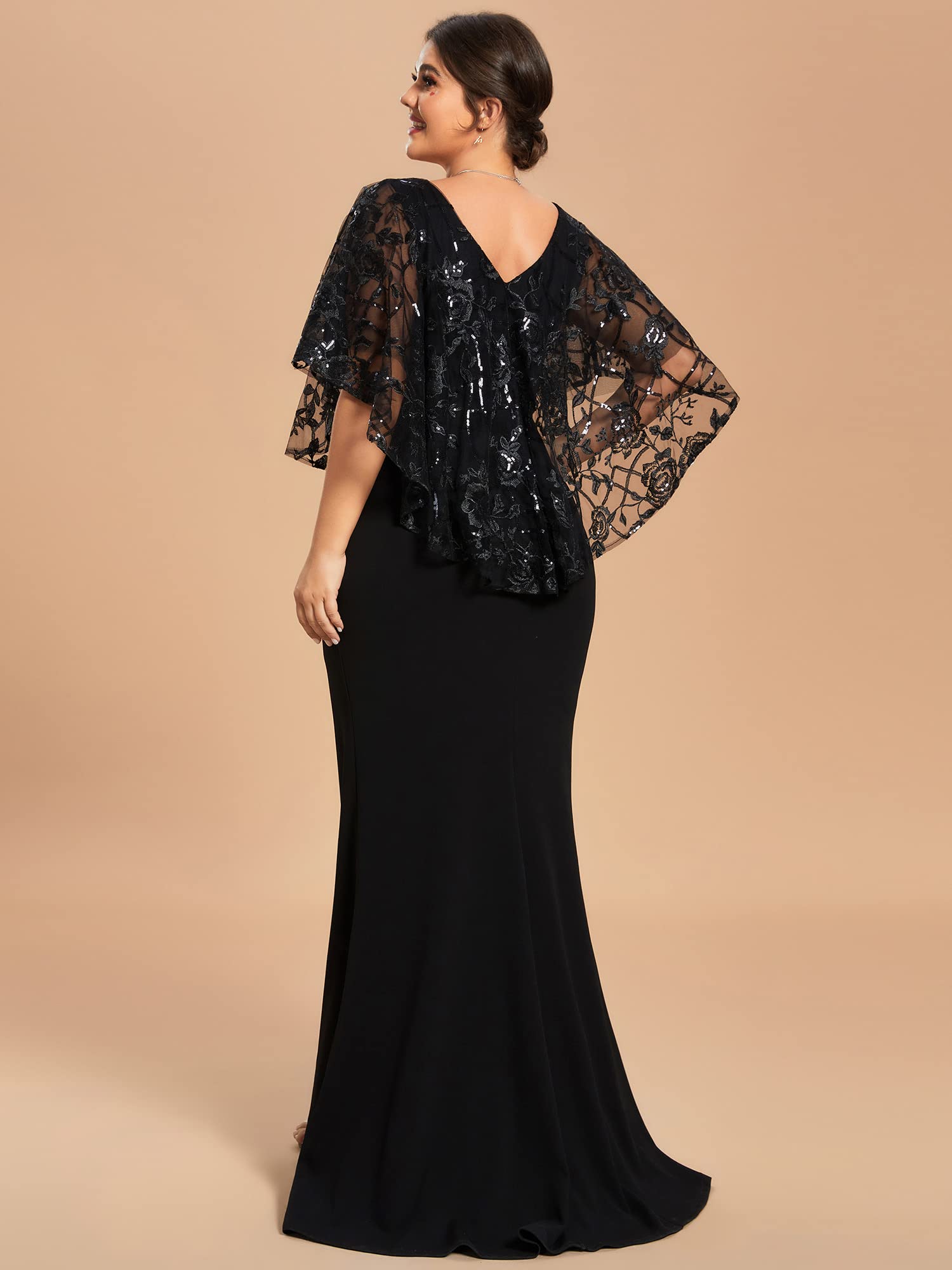 Ever-Pretty Plus Size Women's Bodycon Evening Dress with V-Neck, Short Sleeves & Sequin Shawl - Floor Length Formal Gown for Prom, Wedding & Special Occasions (Style 01798-DA)