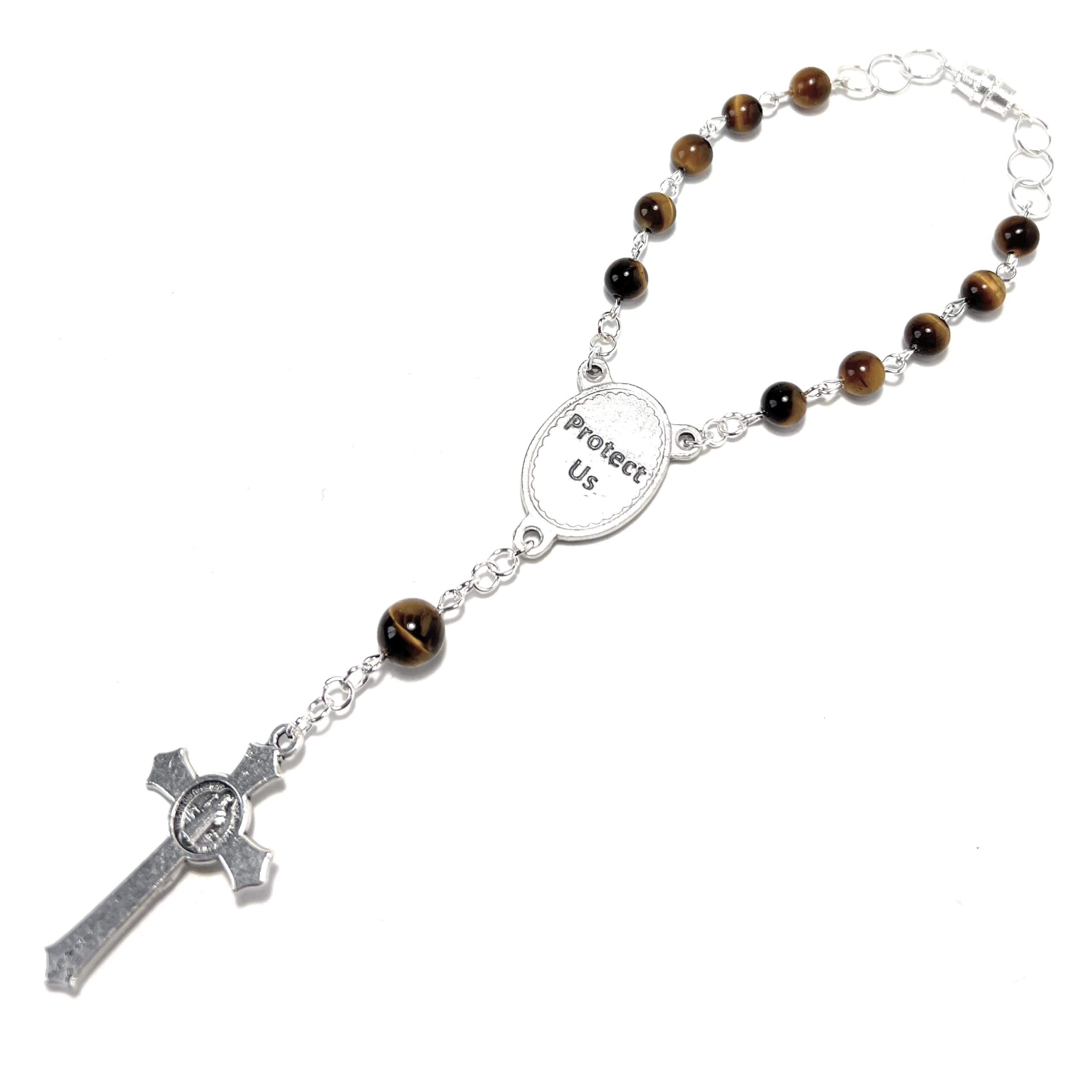 St. Michael the Archangel 1-Decade Car Rosary with Yellow/Brown Tiger Eye Beads - Rearview Mirror Prayer Beads for Safe Driving & Spiritual Protection